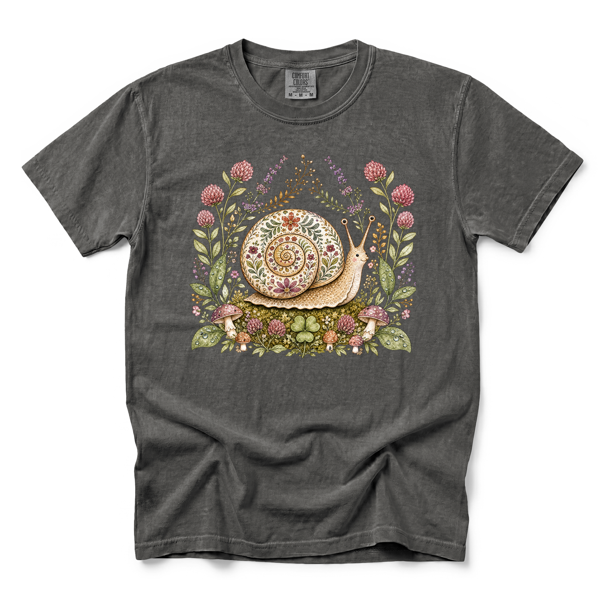 Floral Snail graphic on Comfort Colors 1717 in Pepper