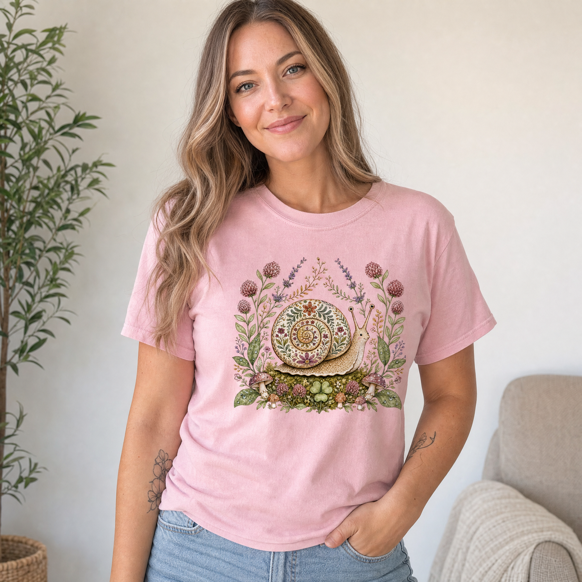 Model wearing the Floral Snail comfort colors tee in Blossom