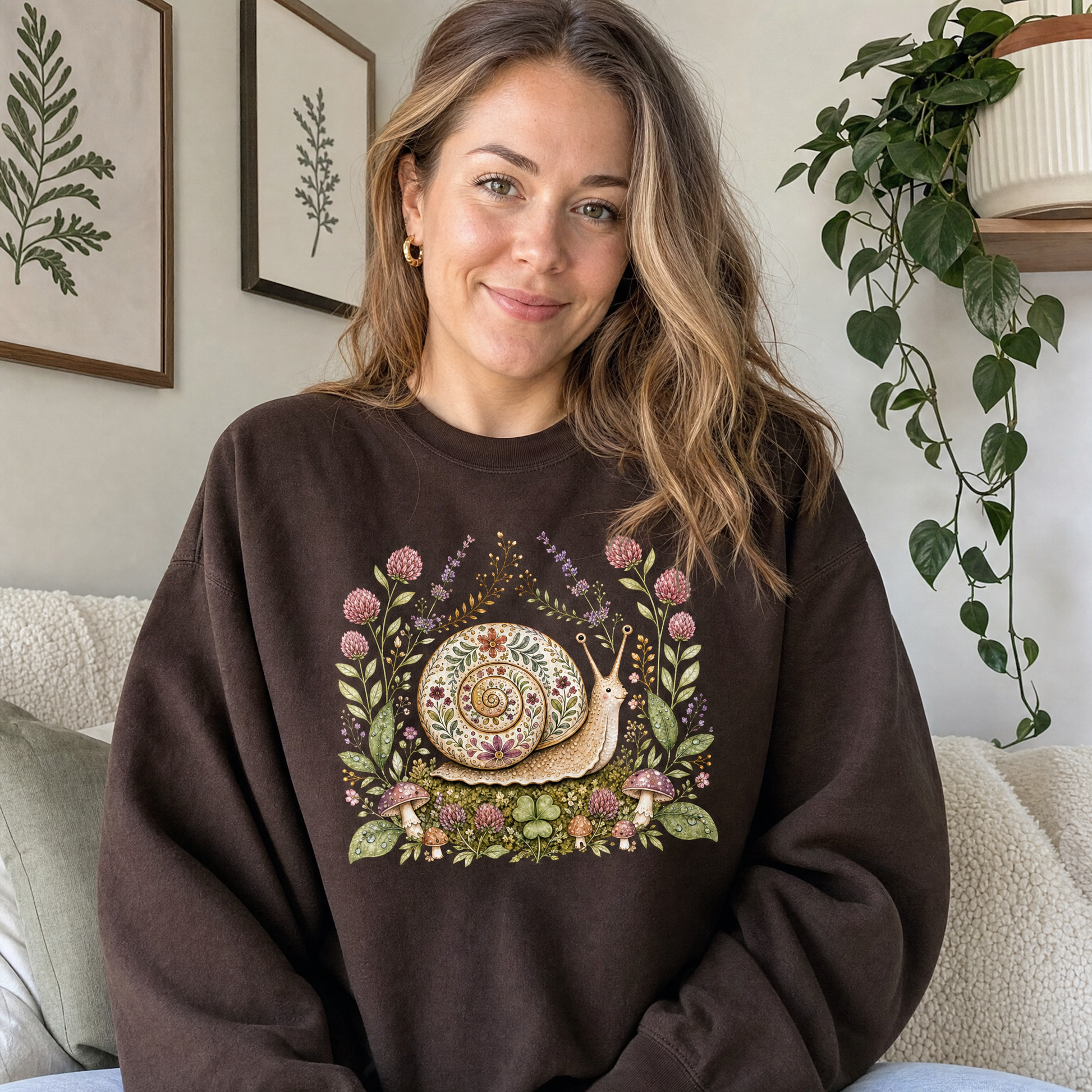 Model wearing the Floral Snail sweatshirt in Dark Chocolate