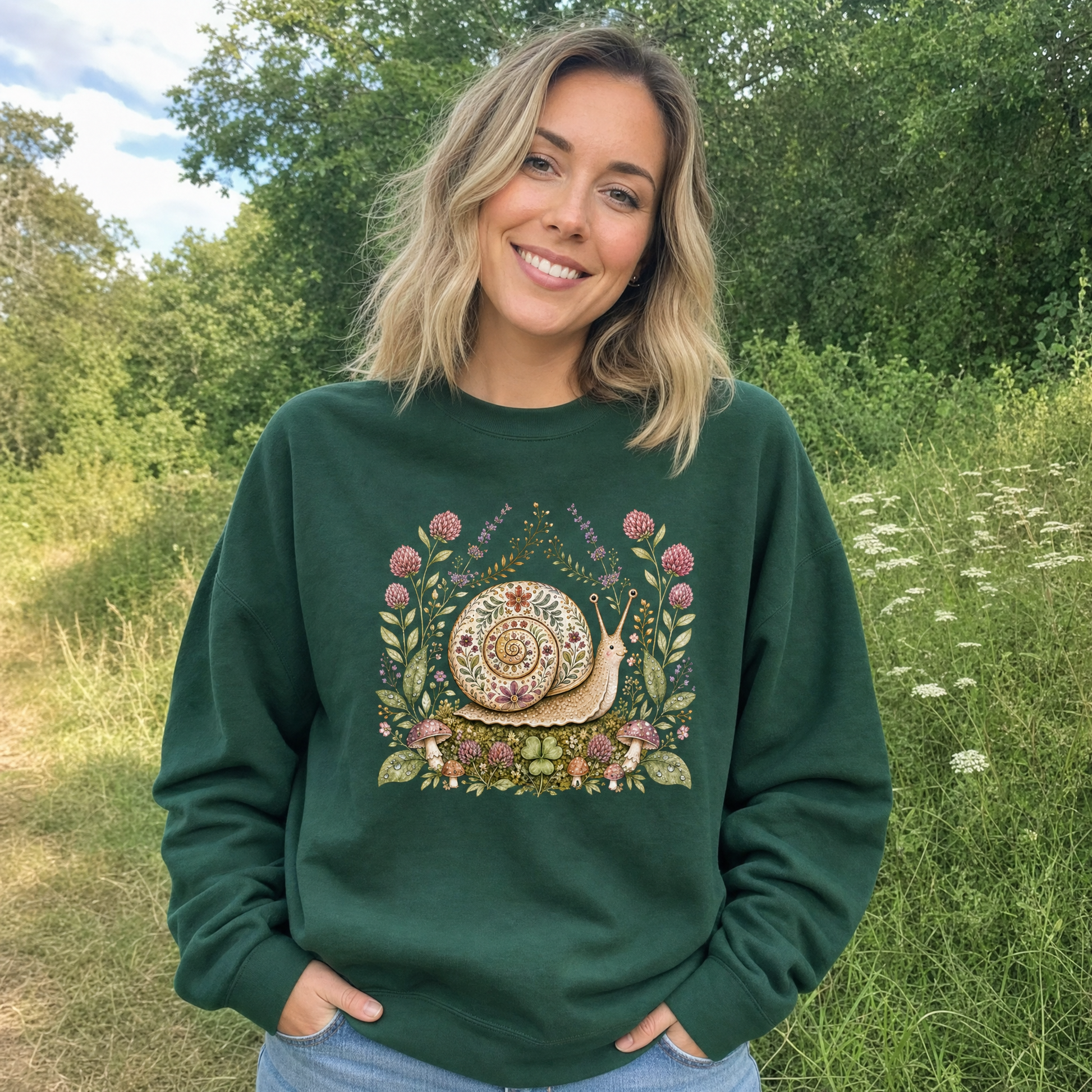 Model wearing the Floral Snail sweatshirt in Forest Green, lifestyle image 1