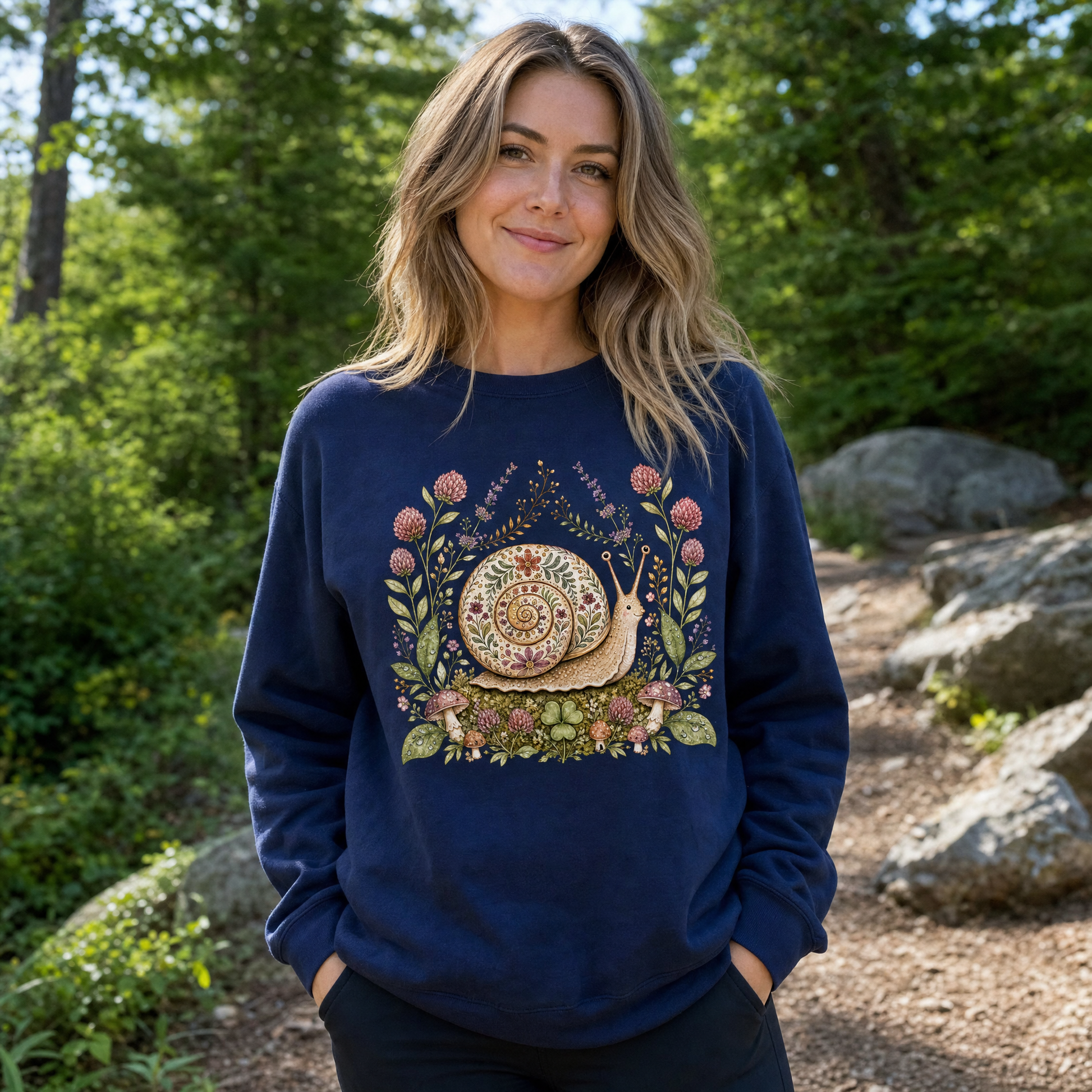 Model wearing the Floral Snail sweatshirt in Navy