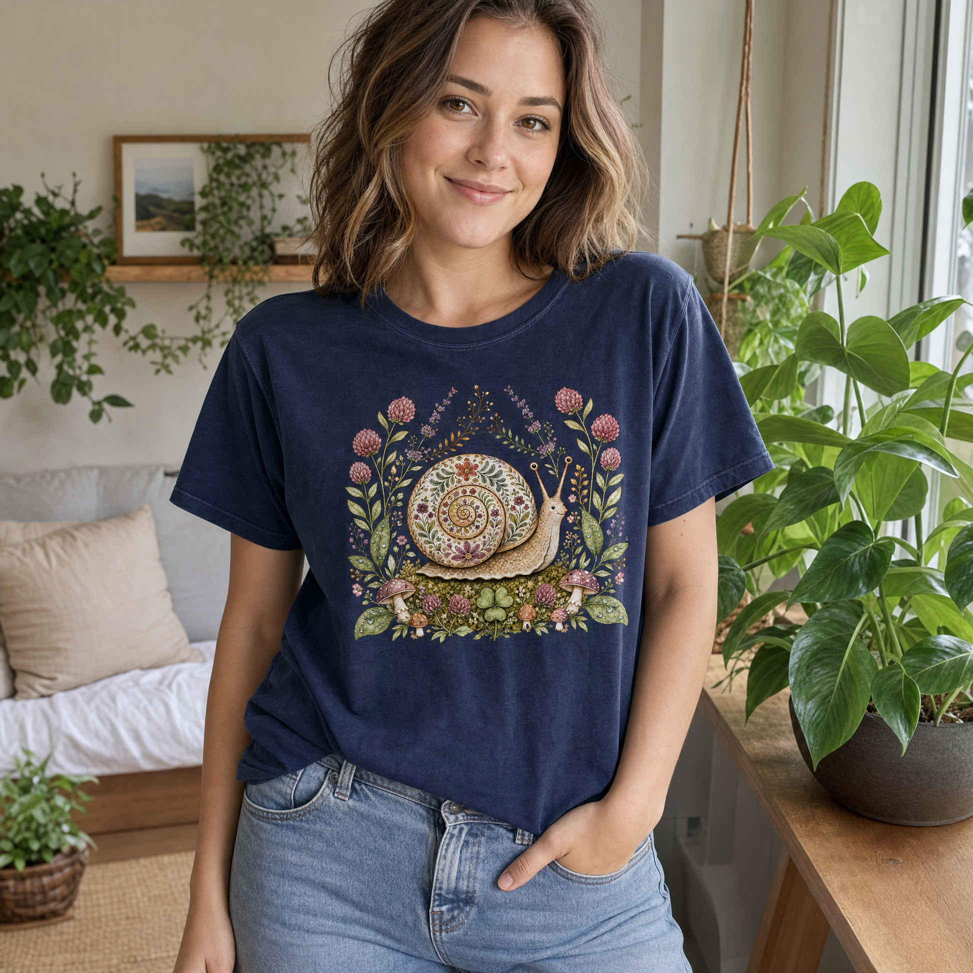 Model wearing the Floral Snail comfort colors tee in Navy, lifestyle image 1