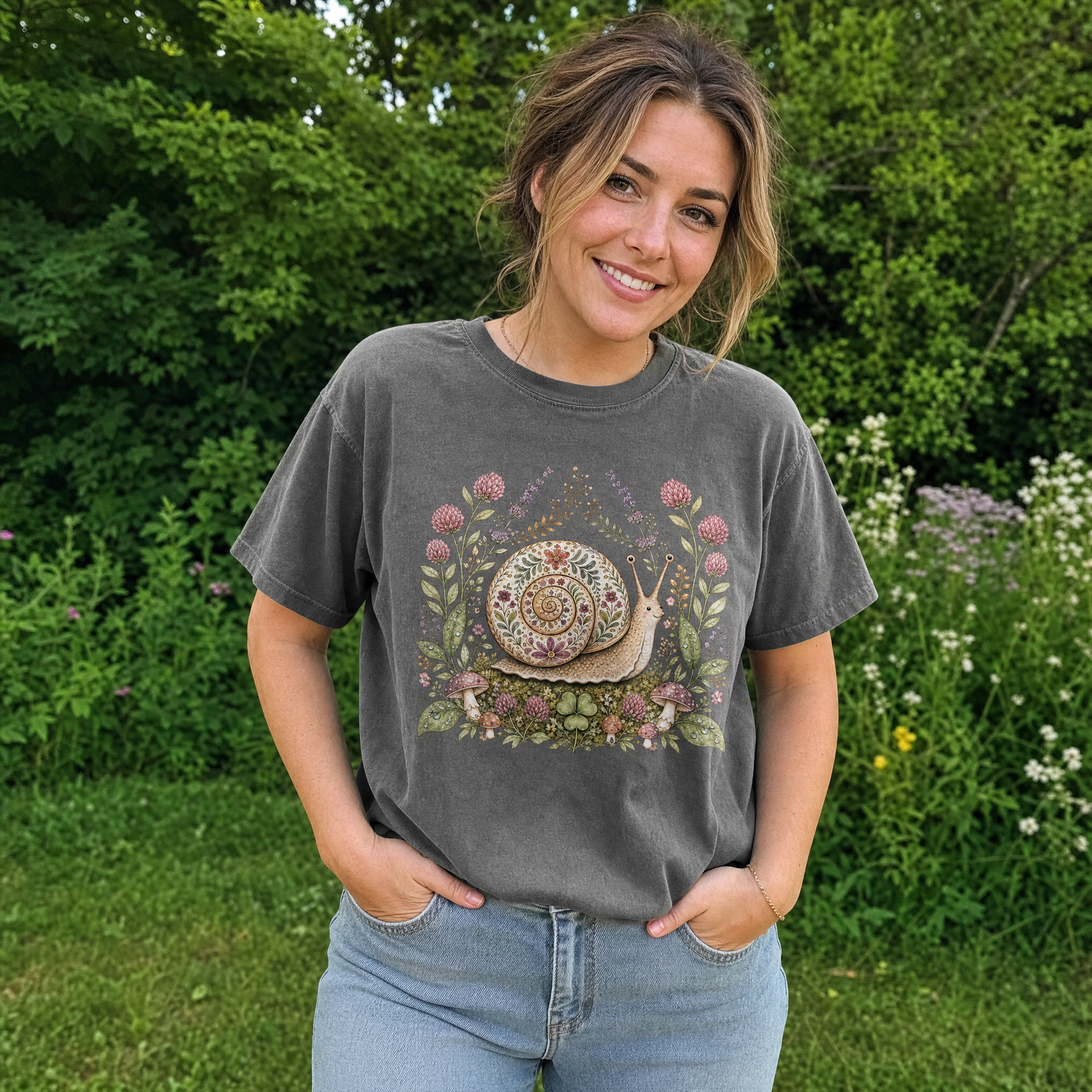 Model wearing the Floral Snail comfort colors tee in Pepper