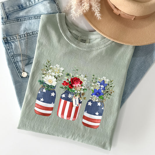 Flowers In Mason Jars, All American, Patriotic Tshirt