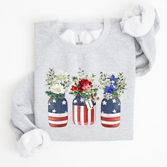 Flowers In Mason Jars, All American, Patriotic Sweatshirt