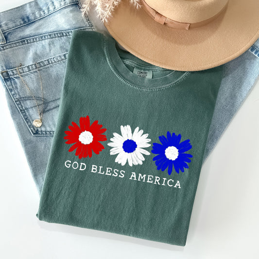 Flowers, God Bless America, Red White Blue, Tshirt