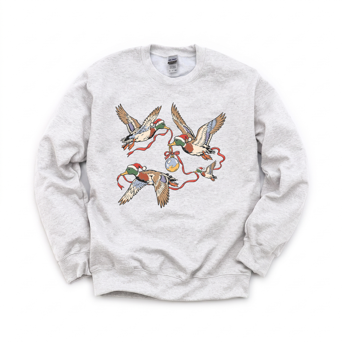 Flying Mallard Ducks graphic on Gildan 18000 in Ash
