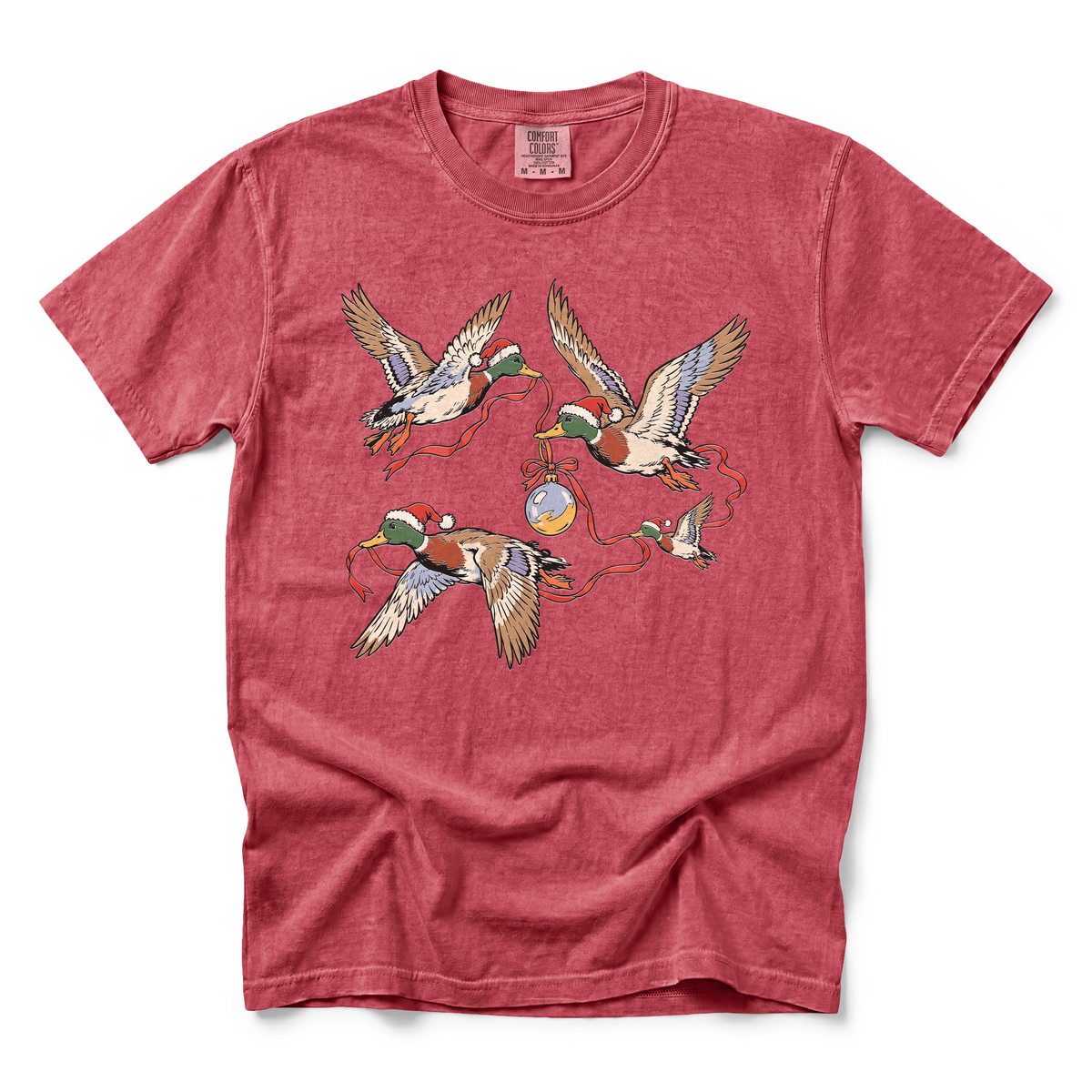 Flying Mallard Ducks graphic on Comfort Colors 1717 in Crimson