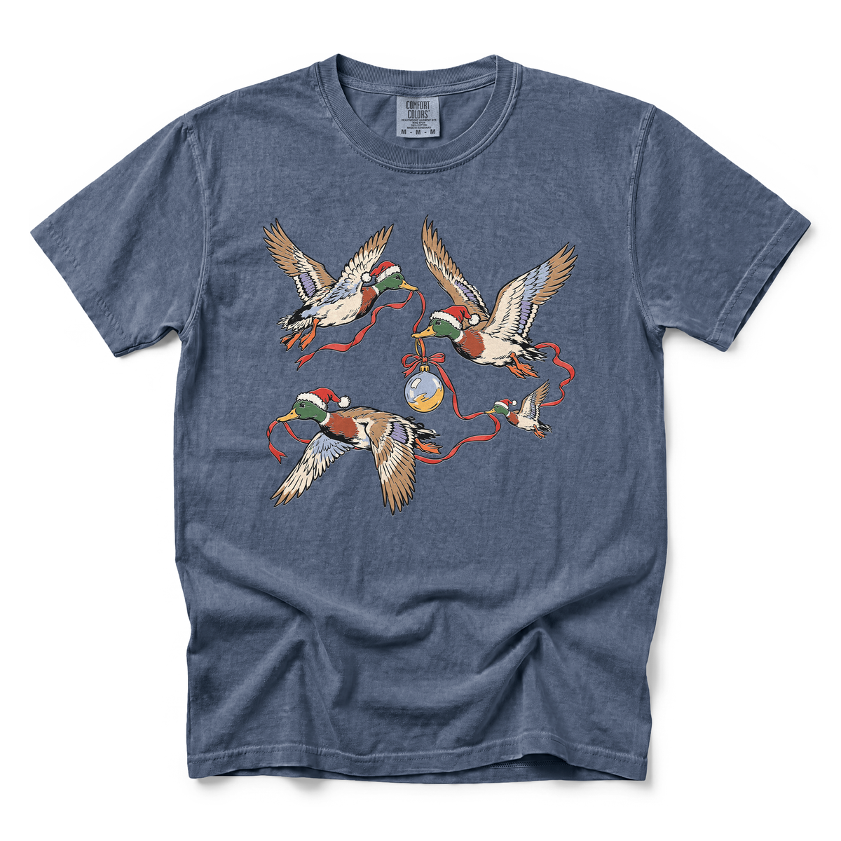 Flying Mallard Ducks graphic on Comfort Colors 1717 in Denim