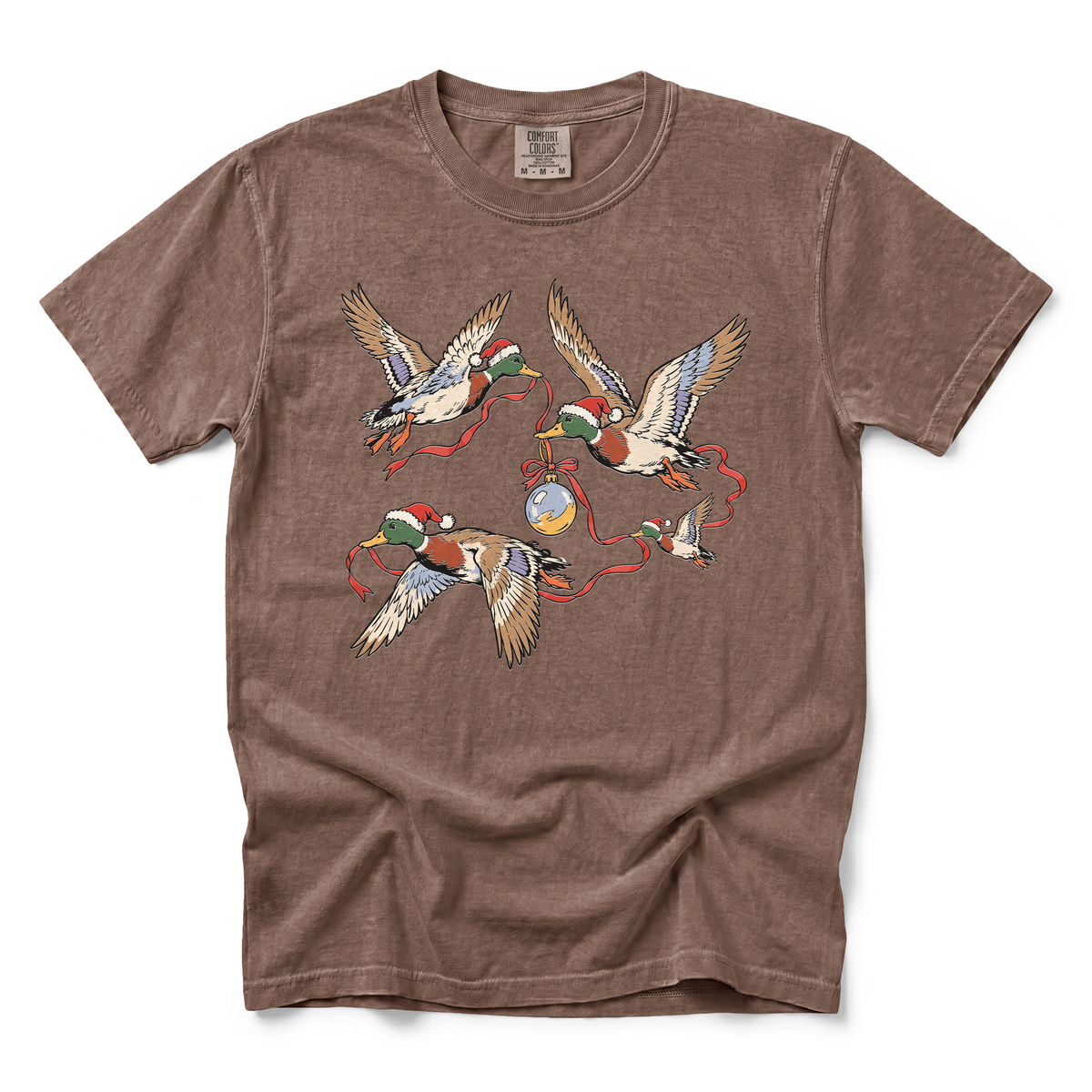 Flying Mallard Ducks graphic on Comfort Colors 1717 in Espresso