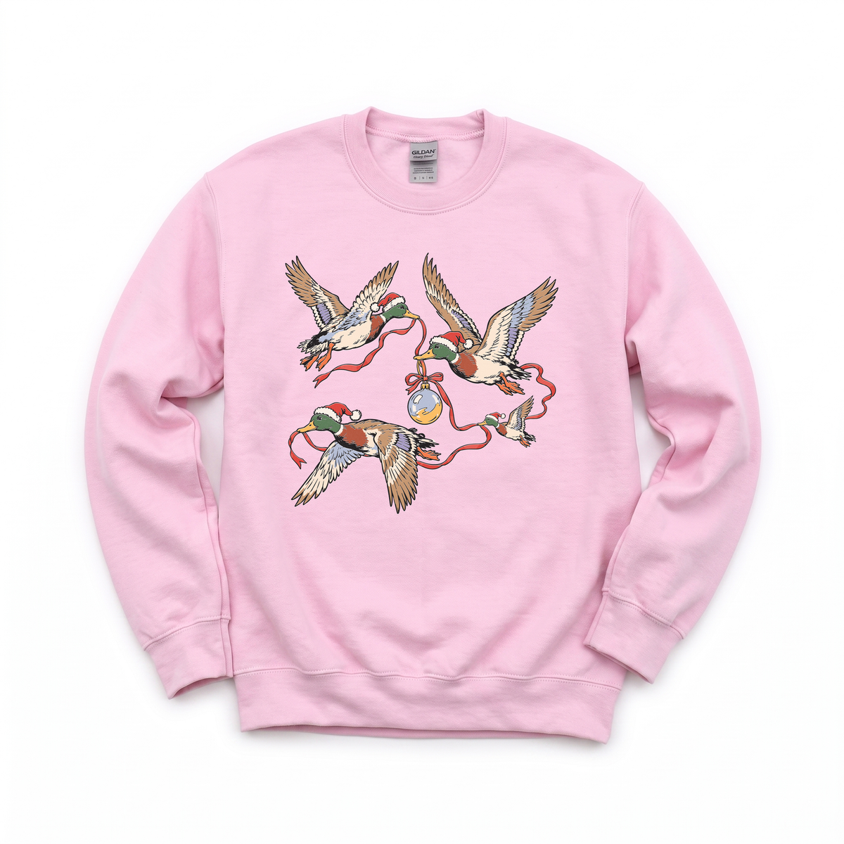 Flying Mallard Ducks graphic on Gildan 18000 in Light Pink