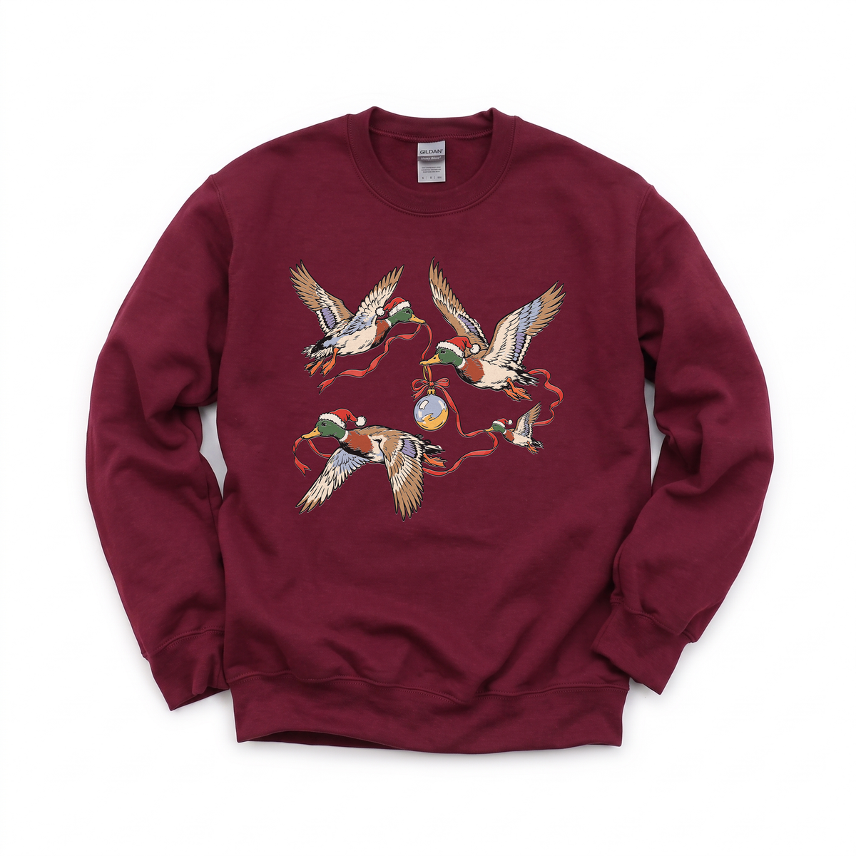 Flying Mallard Ducks graphic on Gildan 18000 in Maroon