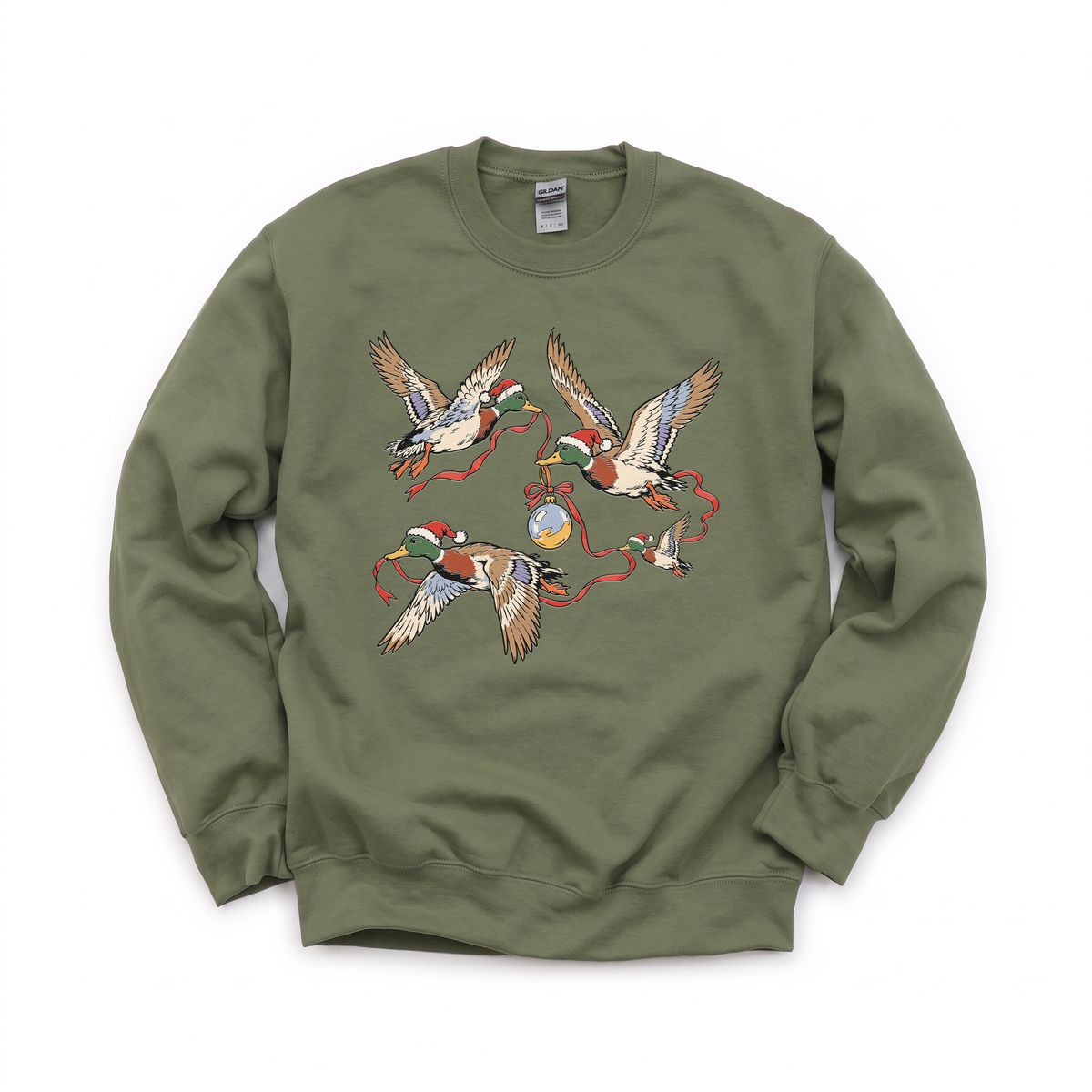 Flying Mallard Ducks graphic on Gildan 18000 in Military Green