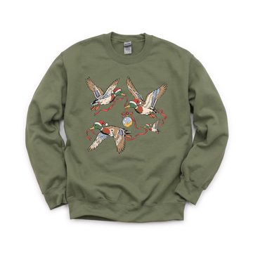 Flying Mallard Ducks graphic on Gildan 18000 in Military Green