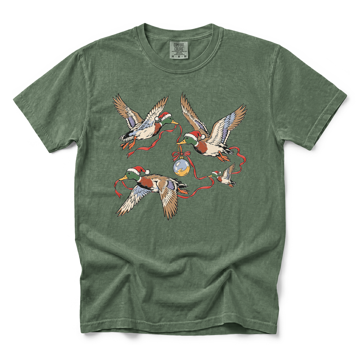 Flying Mallard Ducks graphic on Comfort Colors 1717 in Moss