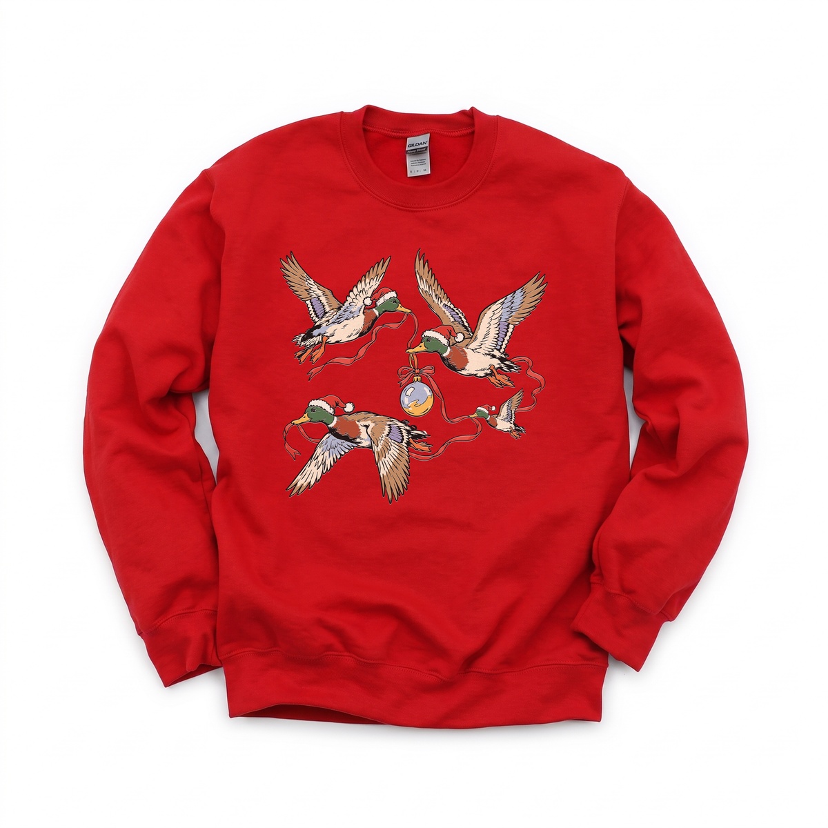 Flying Mallard Ducks graphic on Gildan 18000 in Red