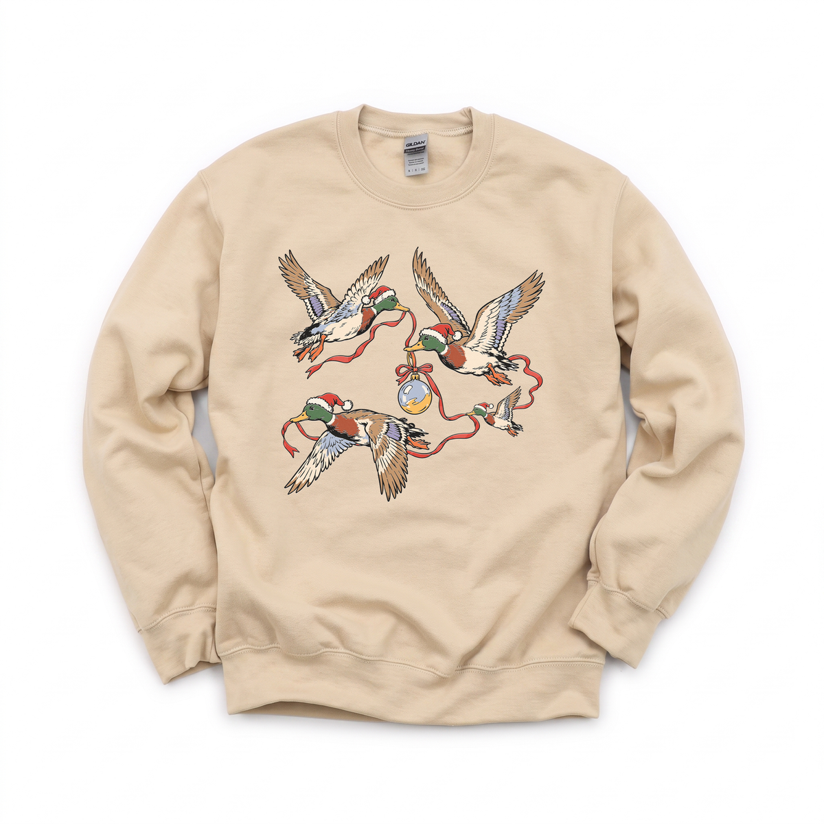 Flying Mallard Ducks graphic on Gildan 18000 in Sand