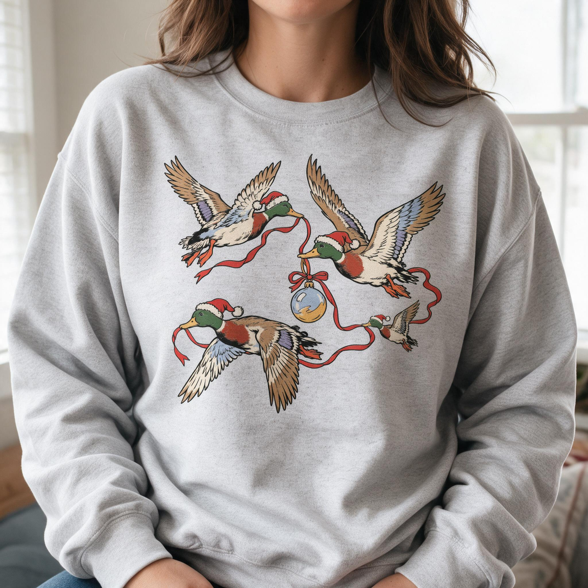 Model wearing the Flying Mallard Ducks sweatshirt in Ash