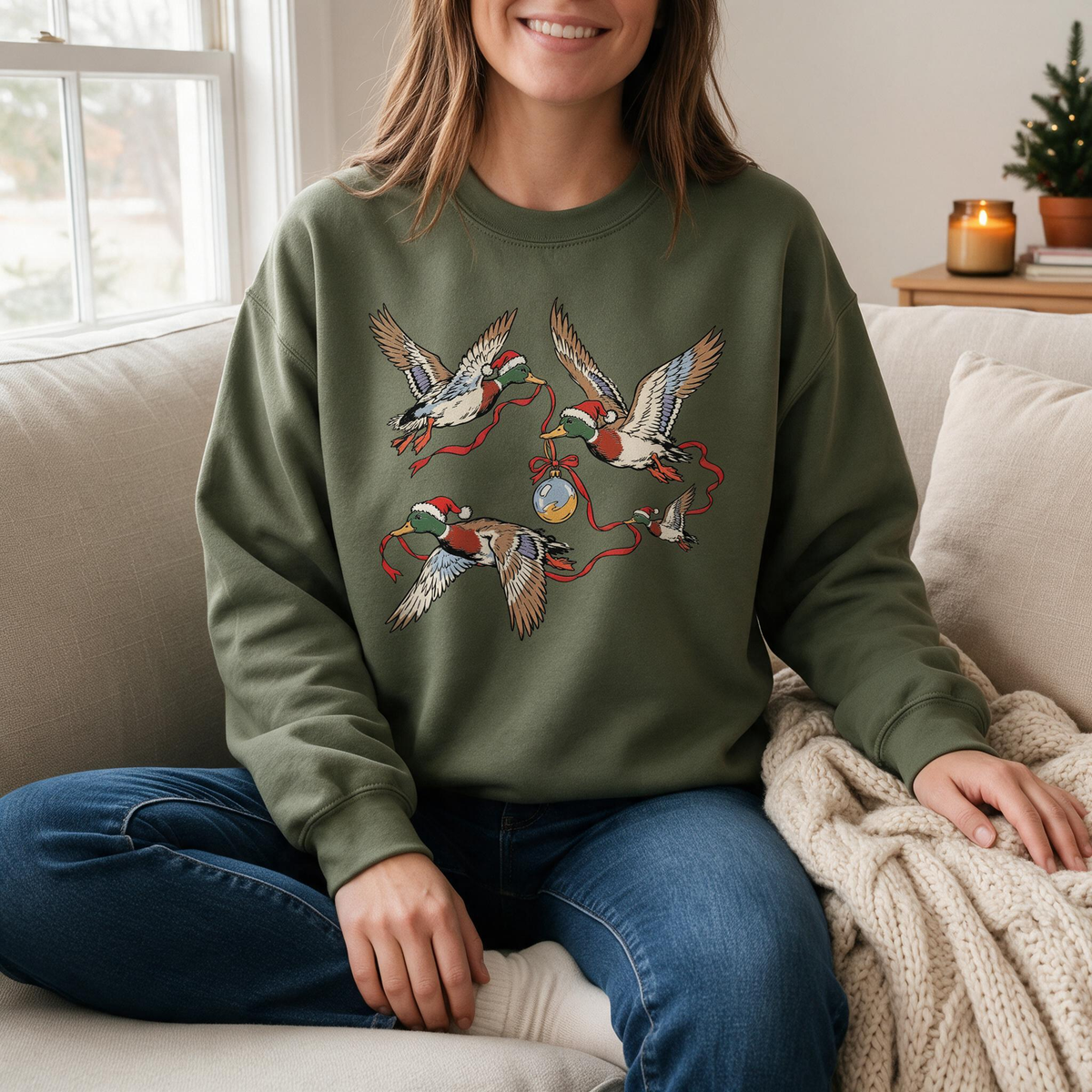 Model wearing the Flying Mallard Ducks sweatshirt in Military Green
