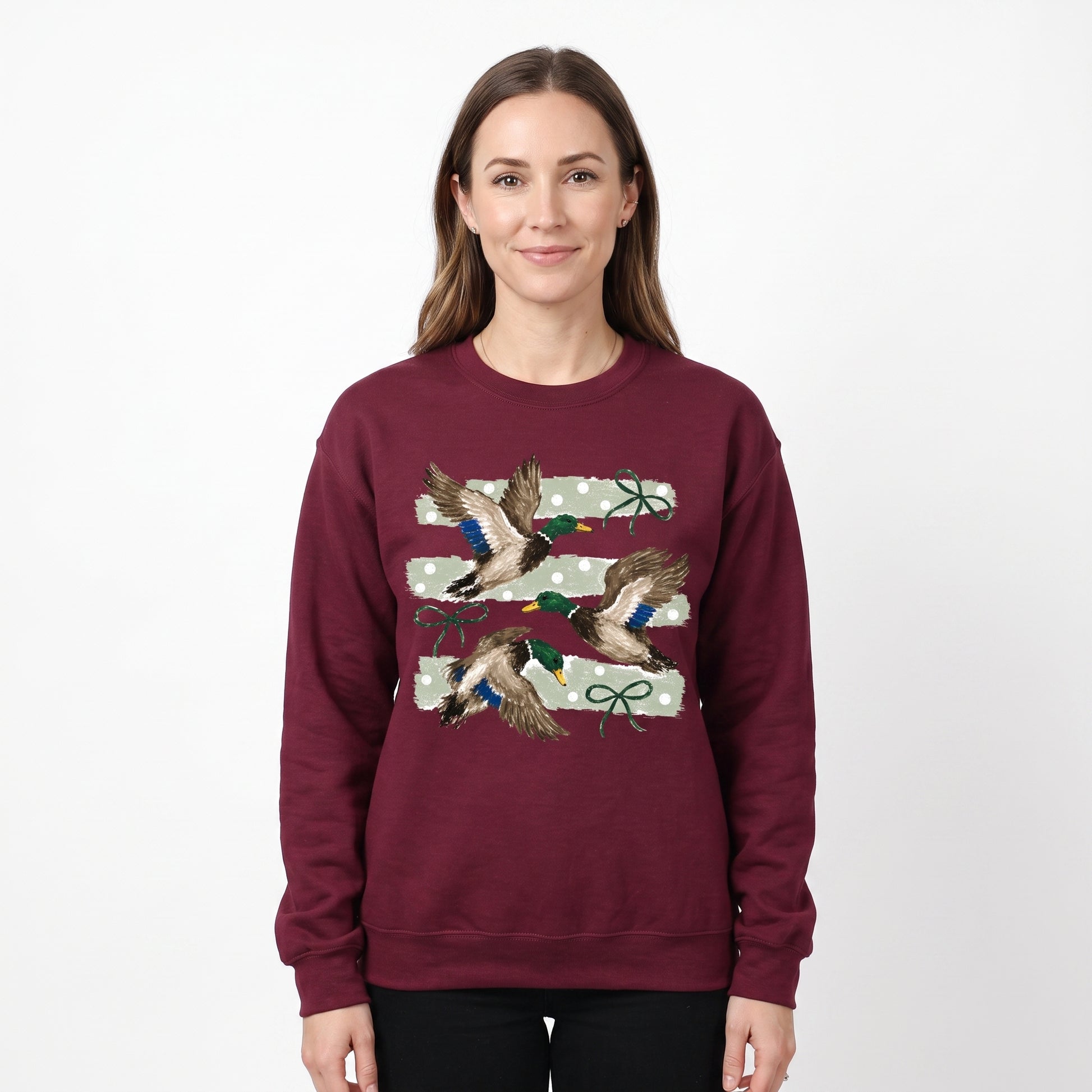 Model wearing the Flying Mallard Ducks sweatshirt in Maroon, cover image 1