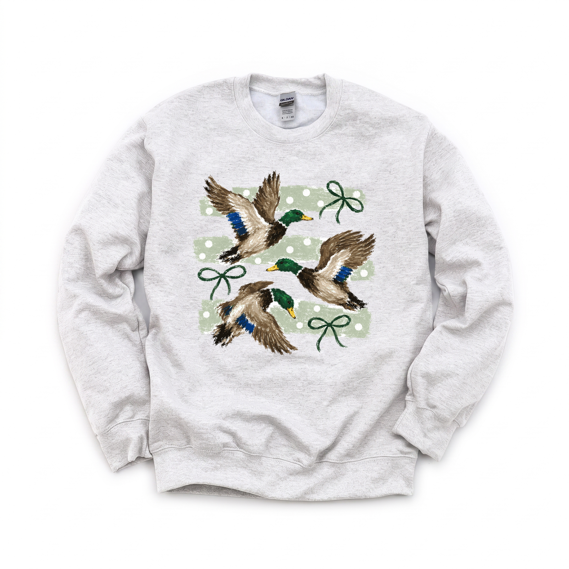 Flying Mallard Ducks graphic on Gildan 18000 in Ash