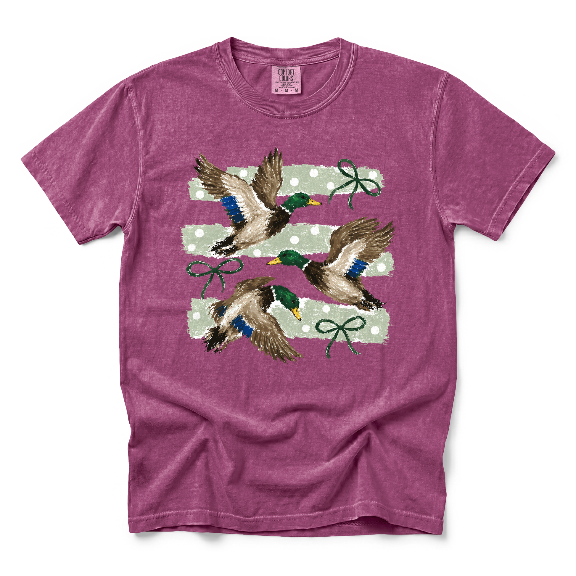 Flying Mallard Ducks graphic on Comfort Colors 1717 in Berry