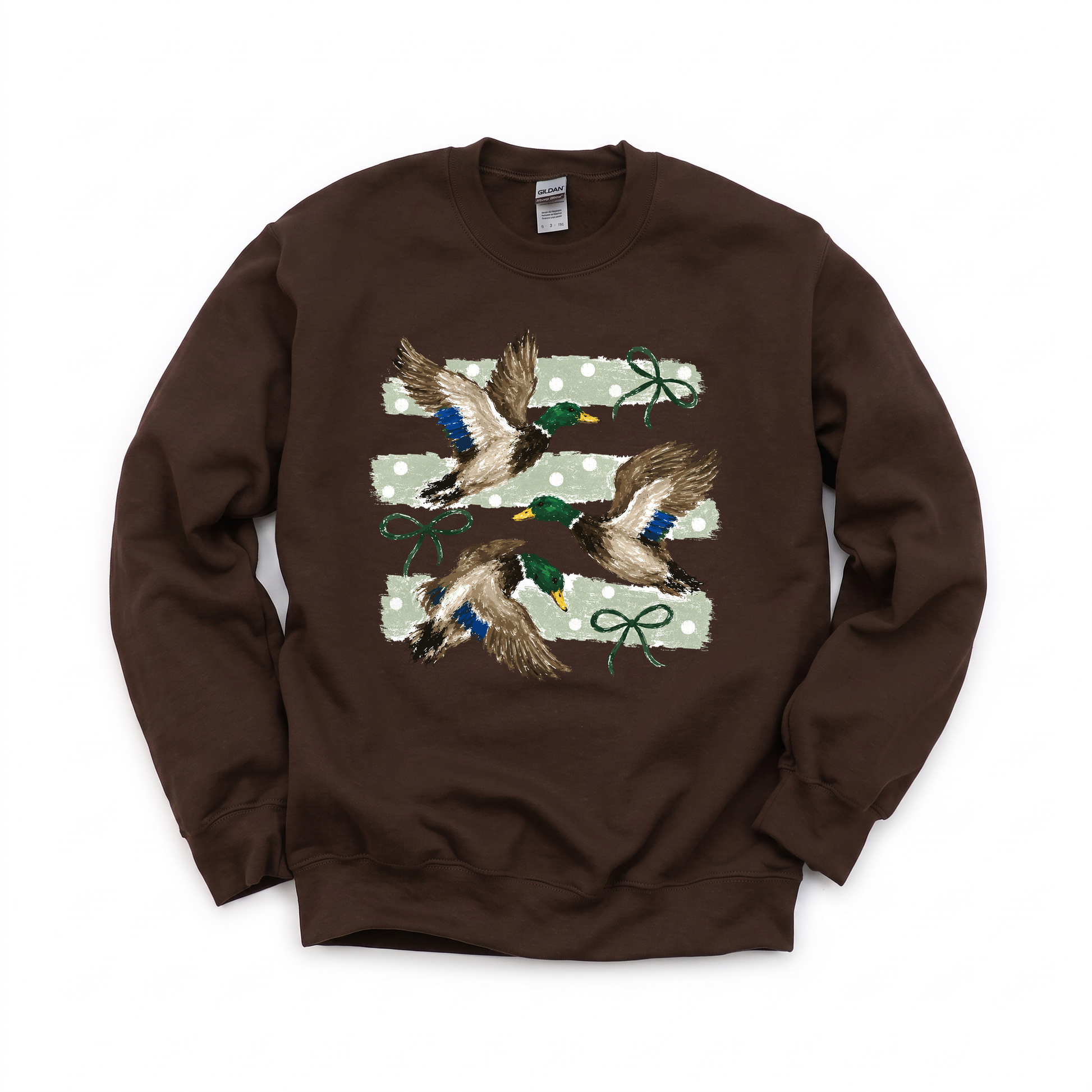 Flying Mallard Ducks graphic on Gildan 18000 in Dark Chocolate