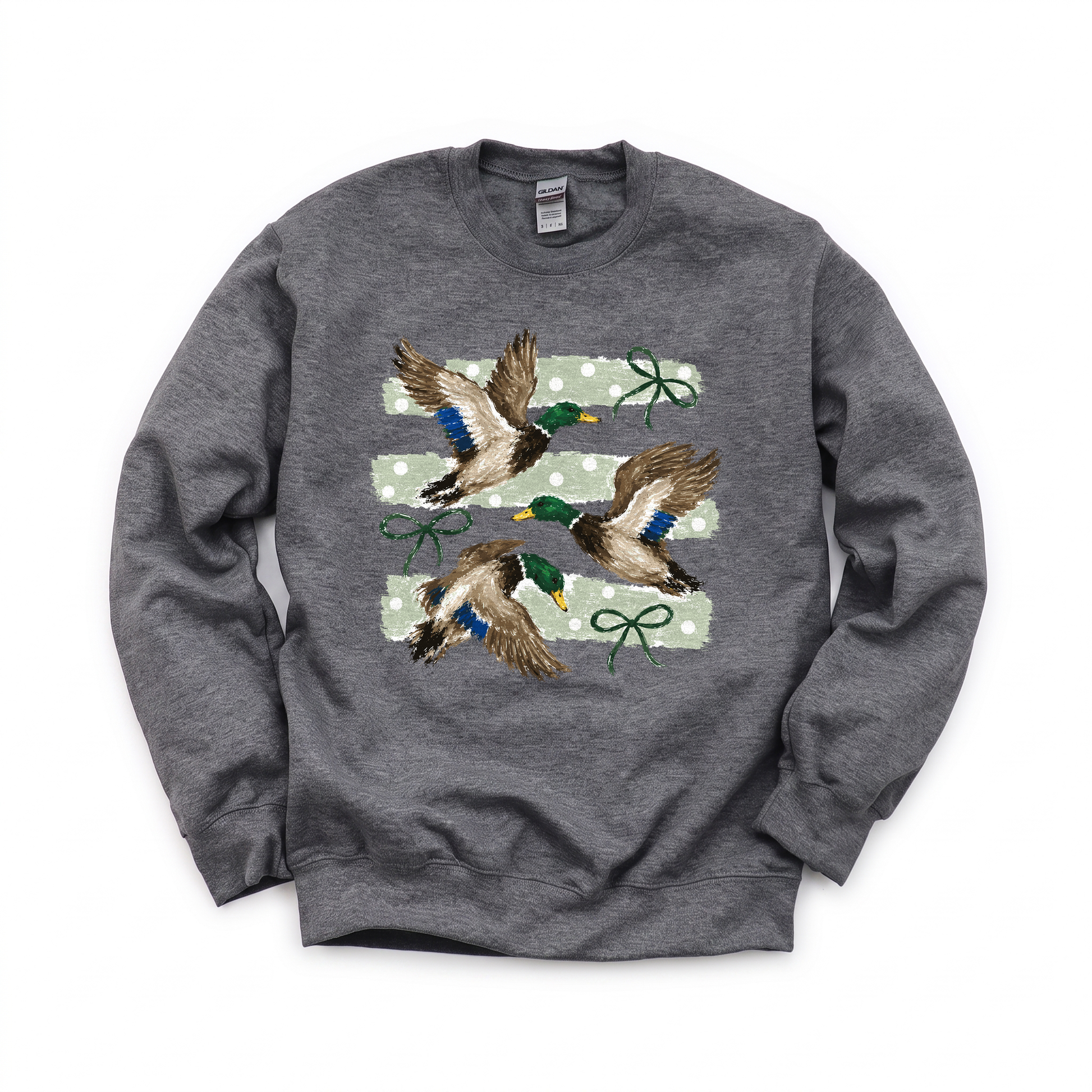 Flying Mallard Ducks graphic on Gildan 18000 in Dark Heather