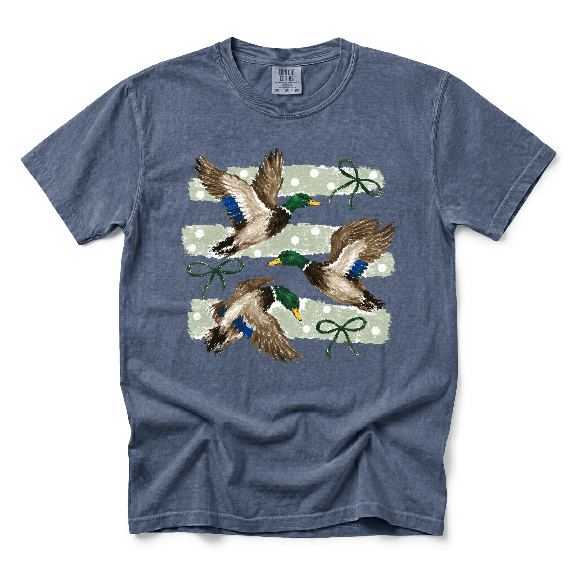 Flying Mallard Ducks graphic on Comfort Colors 1717 in Denim