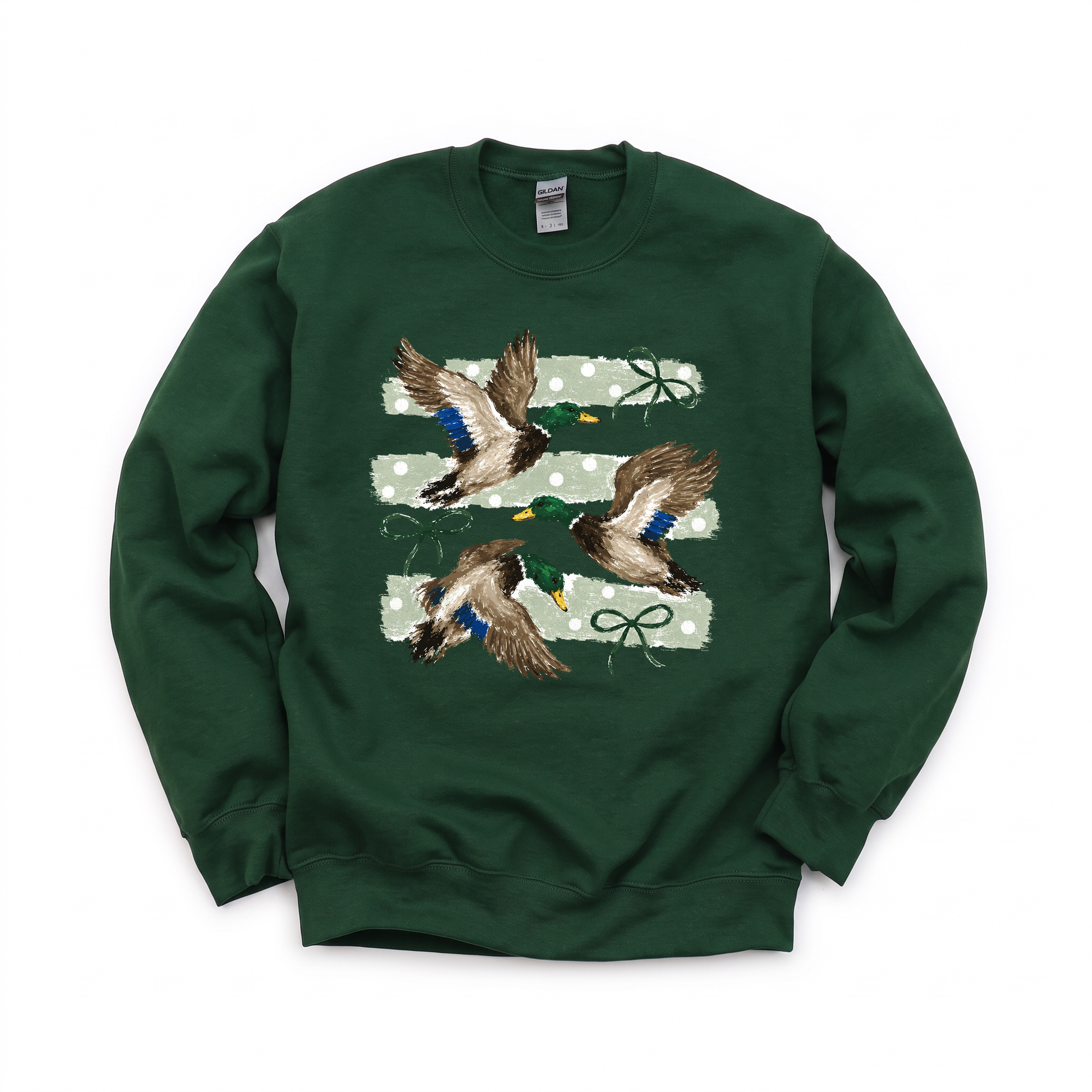 Flying Mallard Ducks graphic on Gildan 18000 in Forest Green