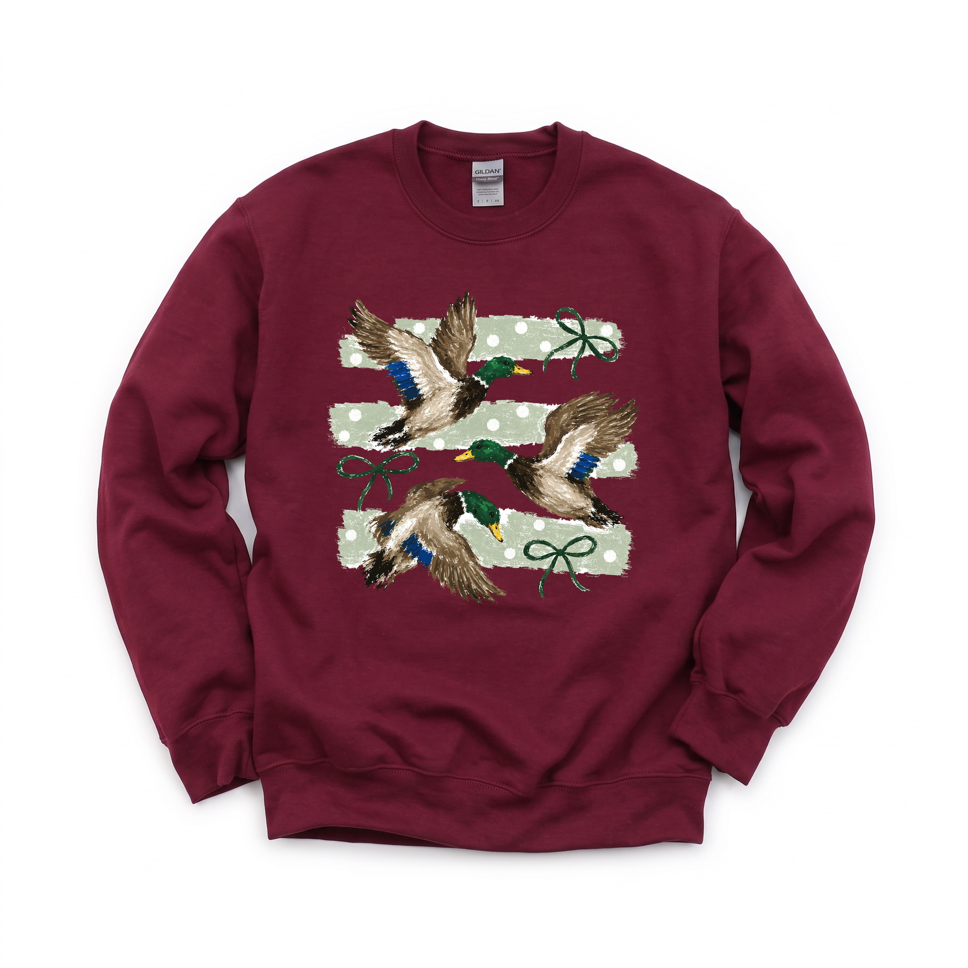 Flying Mallard Ducks graphic on Gildan 18000 in Maroon