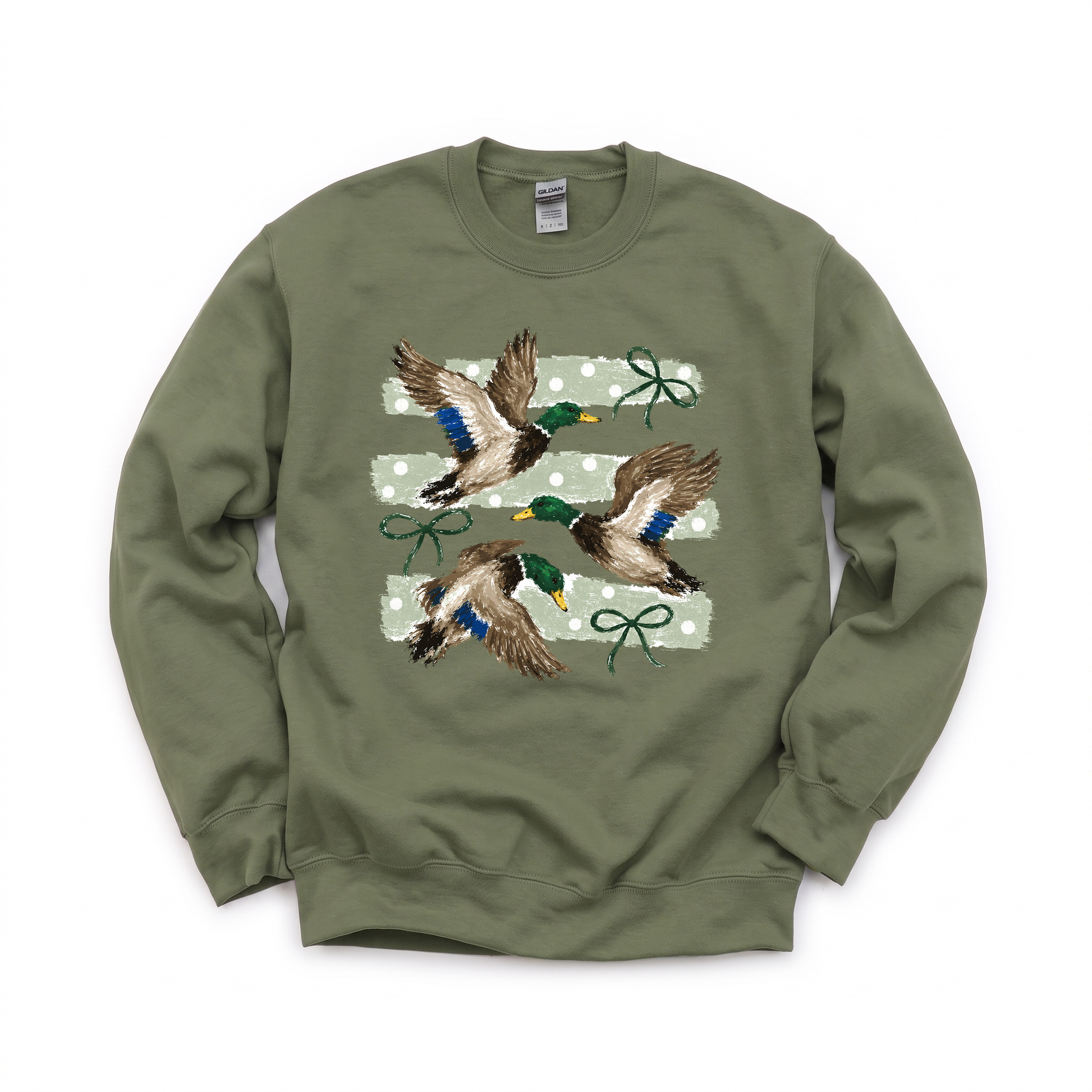 Flying Mallard Ducks graphic on Gildan 18000 in Military Green