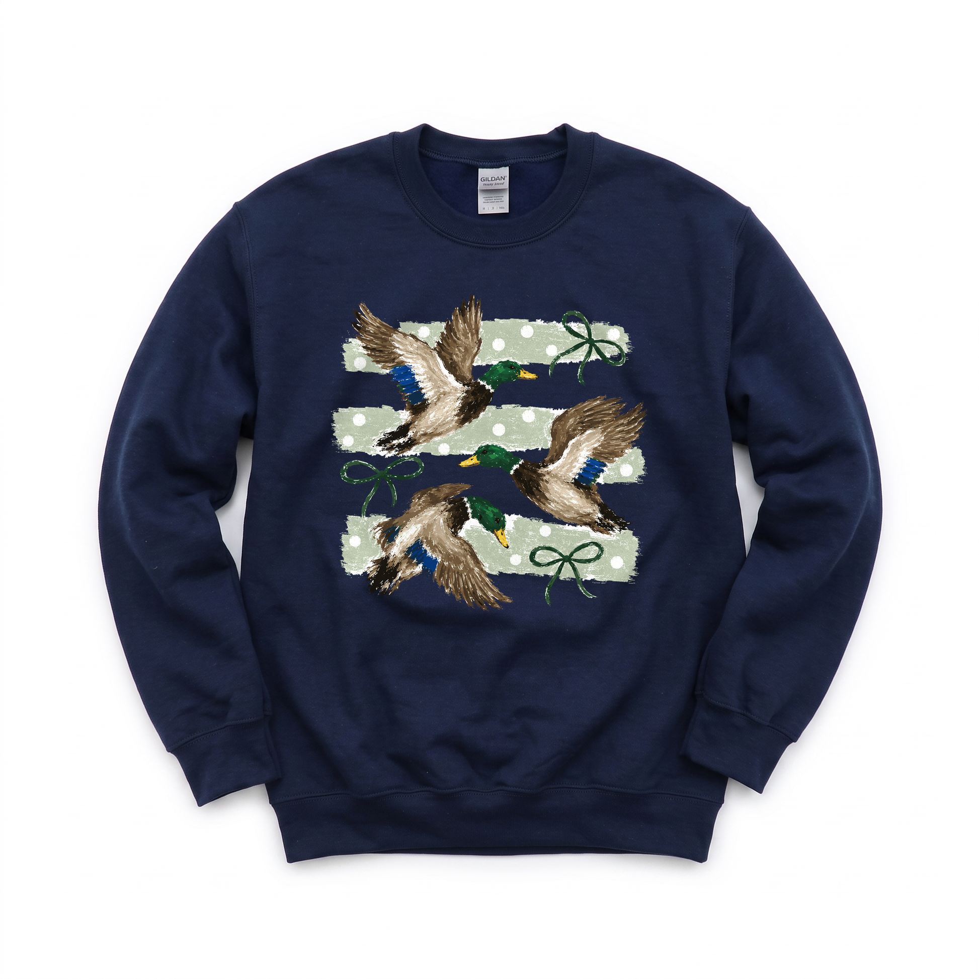 Flying Mallard Ducks graphic on Gildan 18000 in Navy