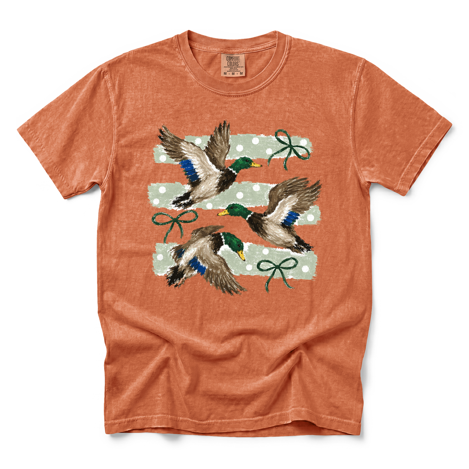 Flying Mallard Ducks graphic on Comfort Colors 1717 in Yam