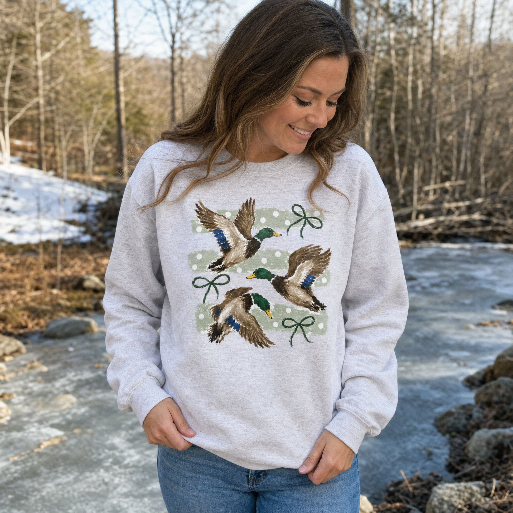 Model wearing the Flying Mallard Ducks sweatshirt in Ash