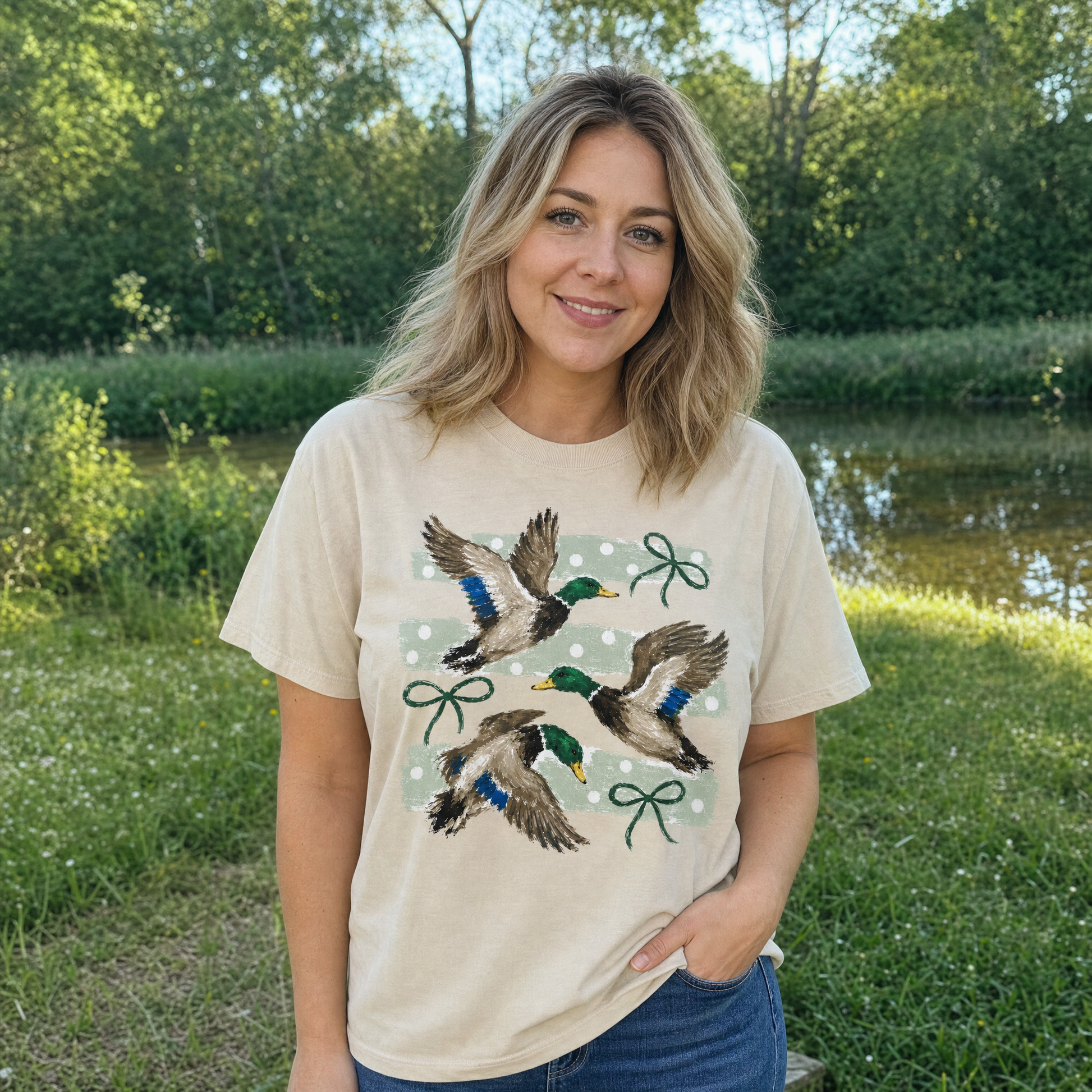 Model wearing the Flying Mallard Ducks comfort colors tee in Ivory