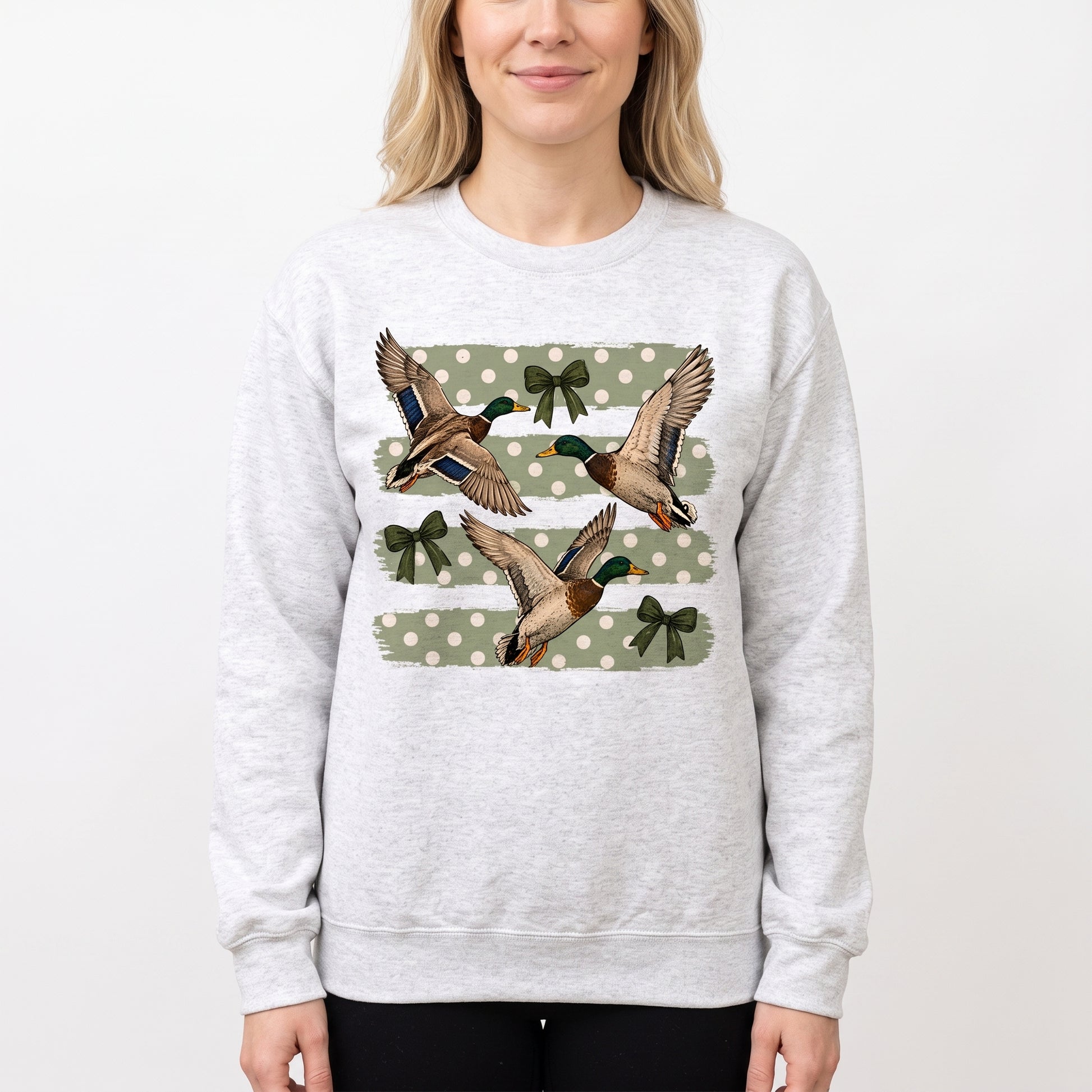 Model wearing the Flying Mallard Ducks sweatshirt in Ash, cover image 1