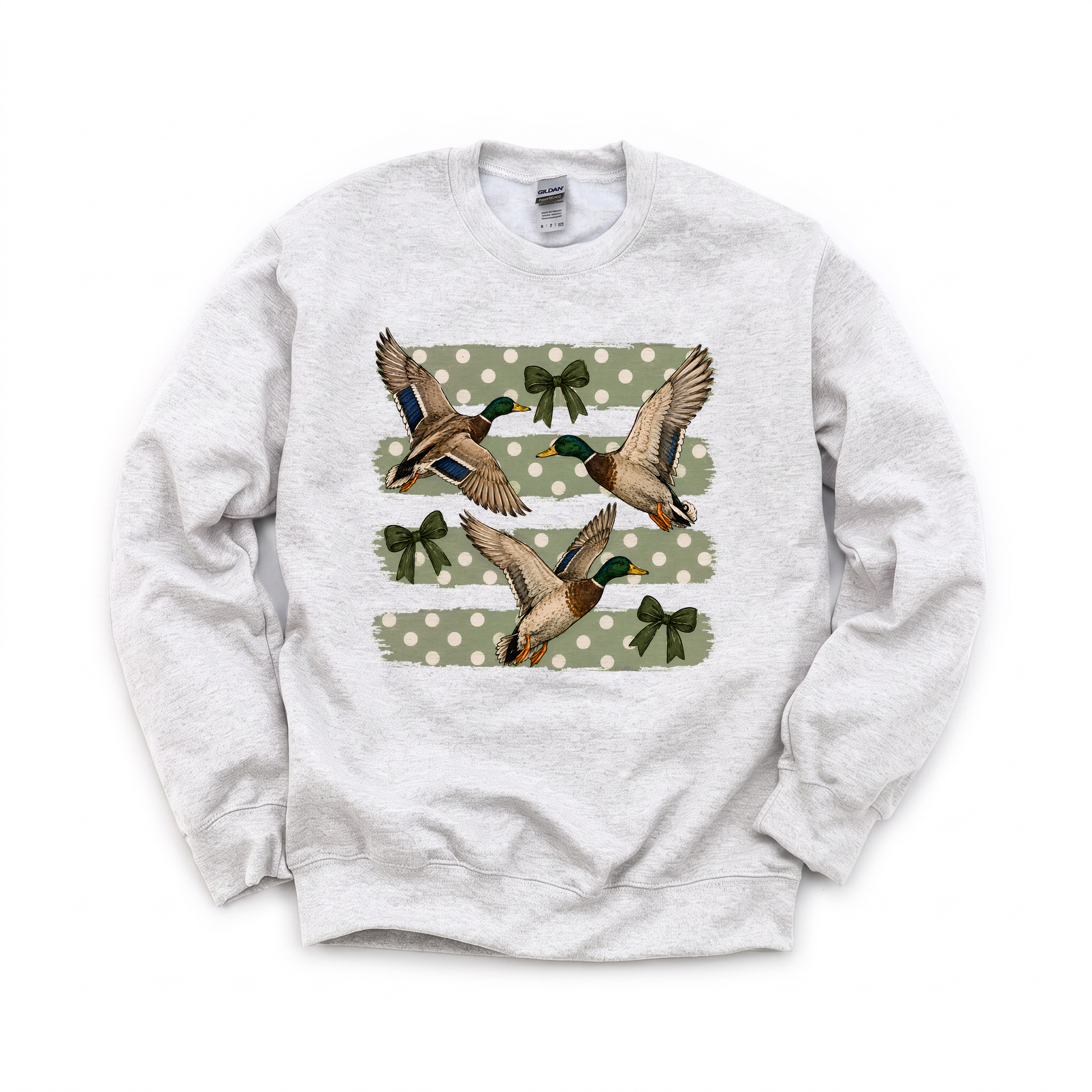 Flying Mallard Ducks graphic on Gildan 18000 in Ash