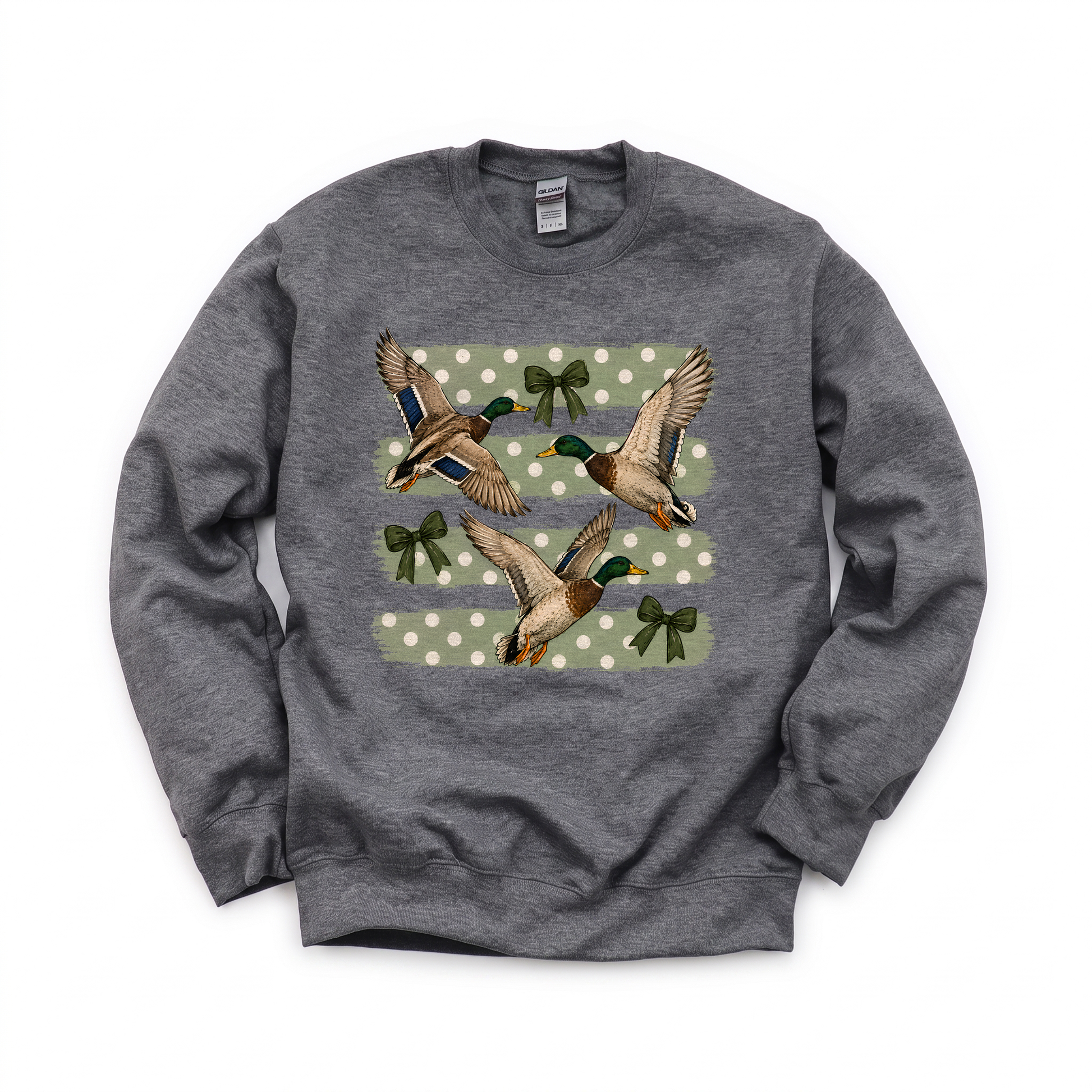 Flying Mallard Ducks graphic on Gildan 18000 in Dark Heather