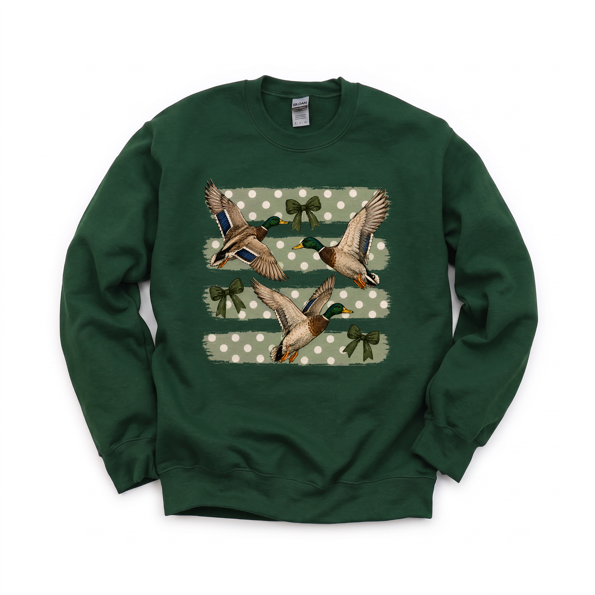 Flying Mallard Ducks graphic on Gildan 18000 in Forest Green