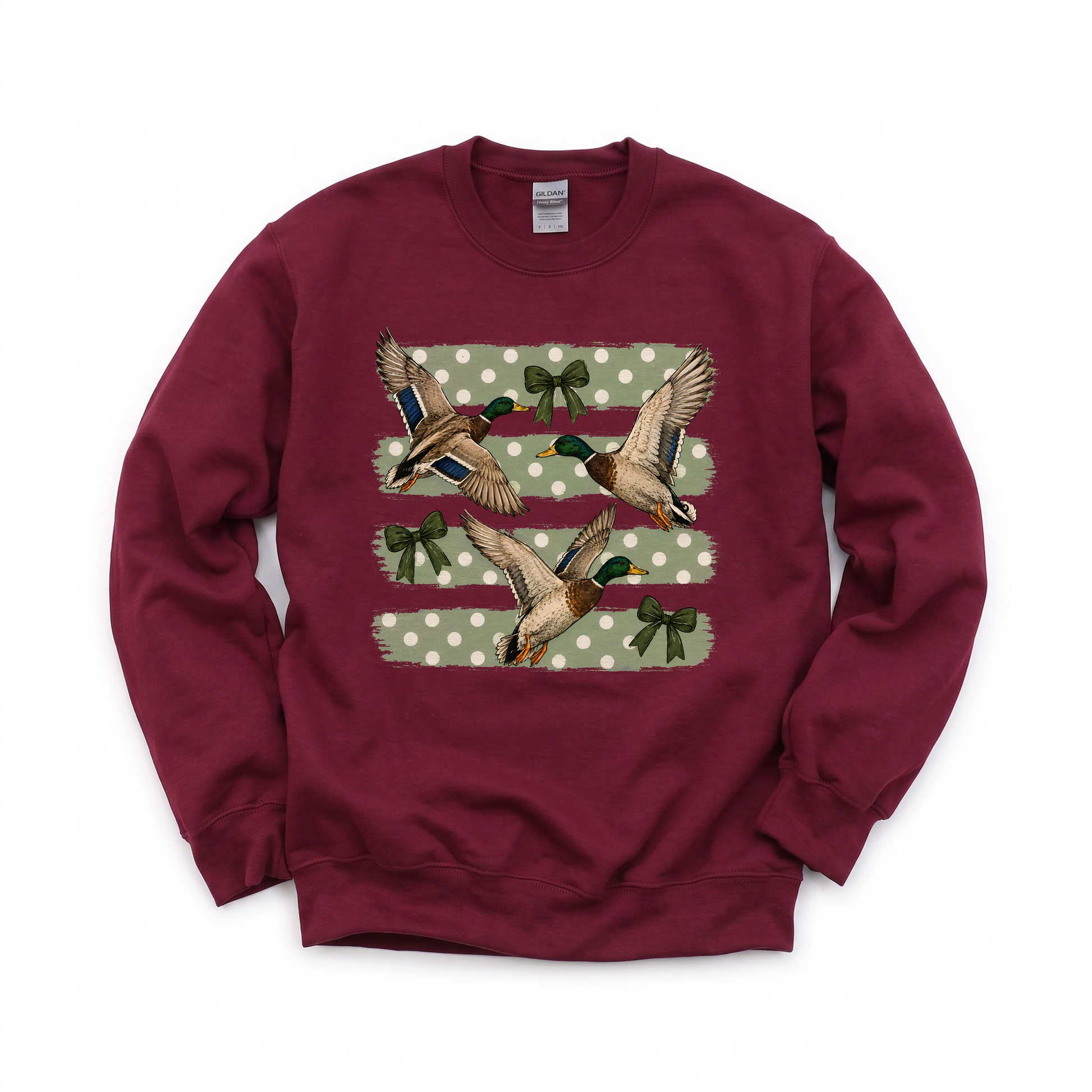 Flying Mallard Ducks graphic on Gildan 18000 in Maroon