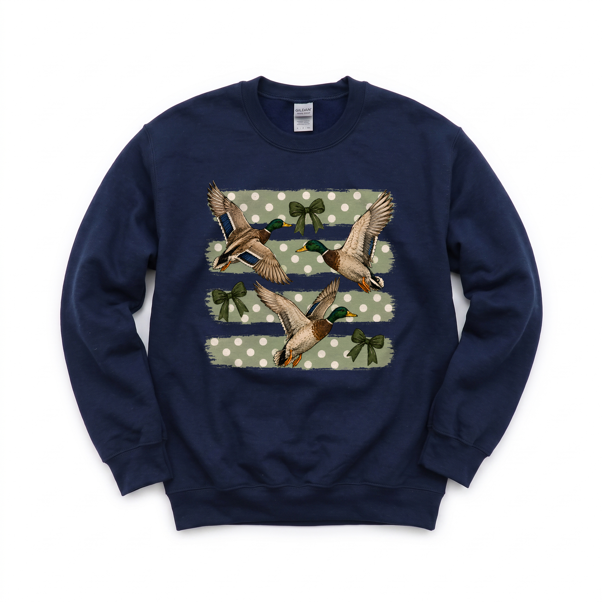 Flying Mallard Ducks graphic on Gildan 18000 in Navy