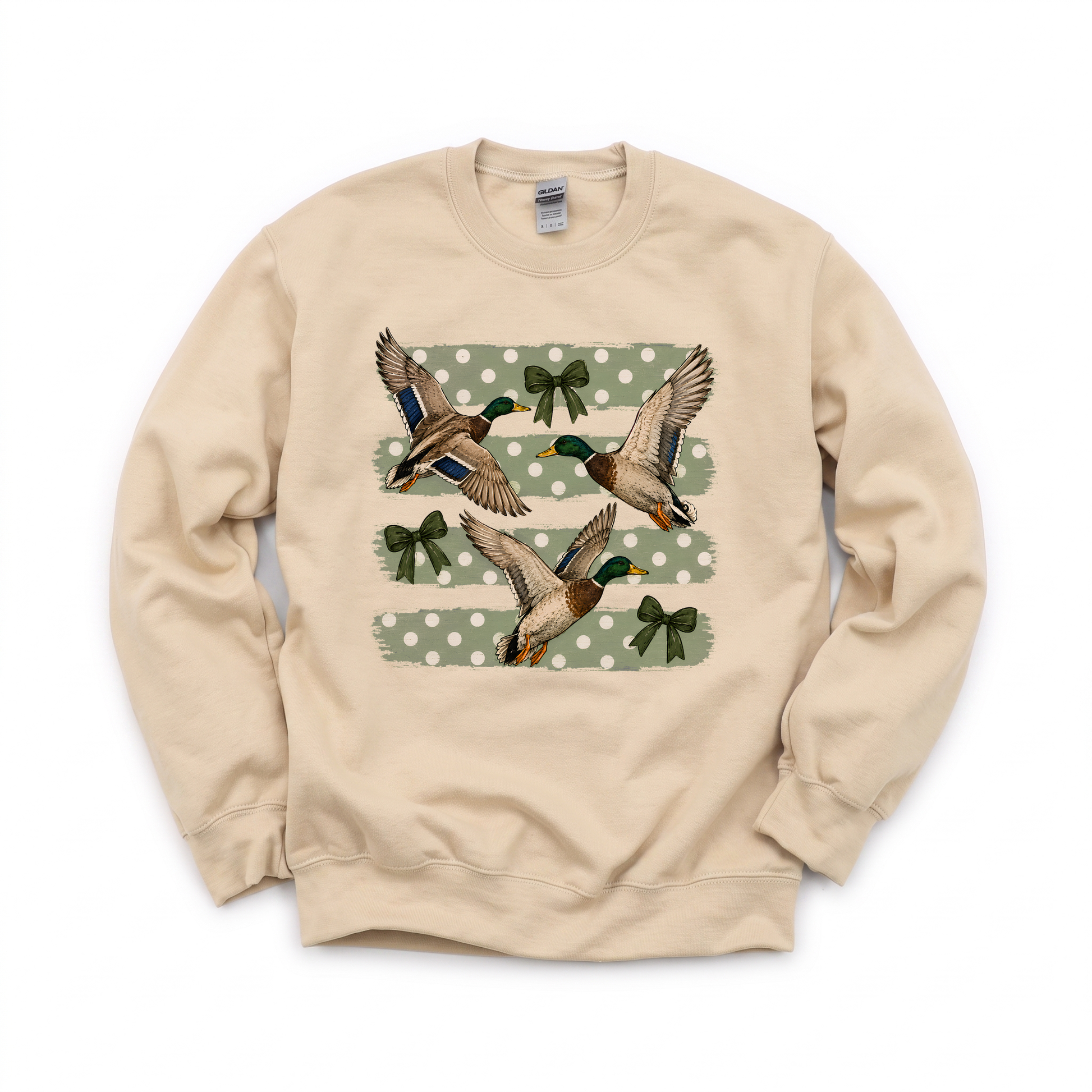 Flying Mallard Ducks graphic on Gildan 18000 in Sand
