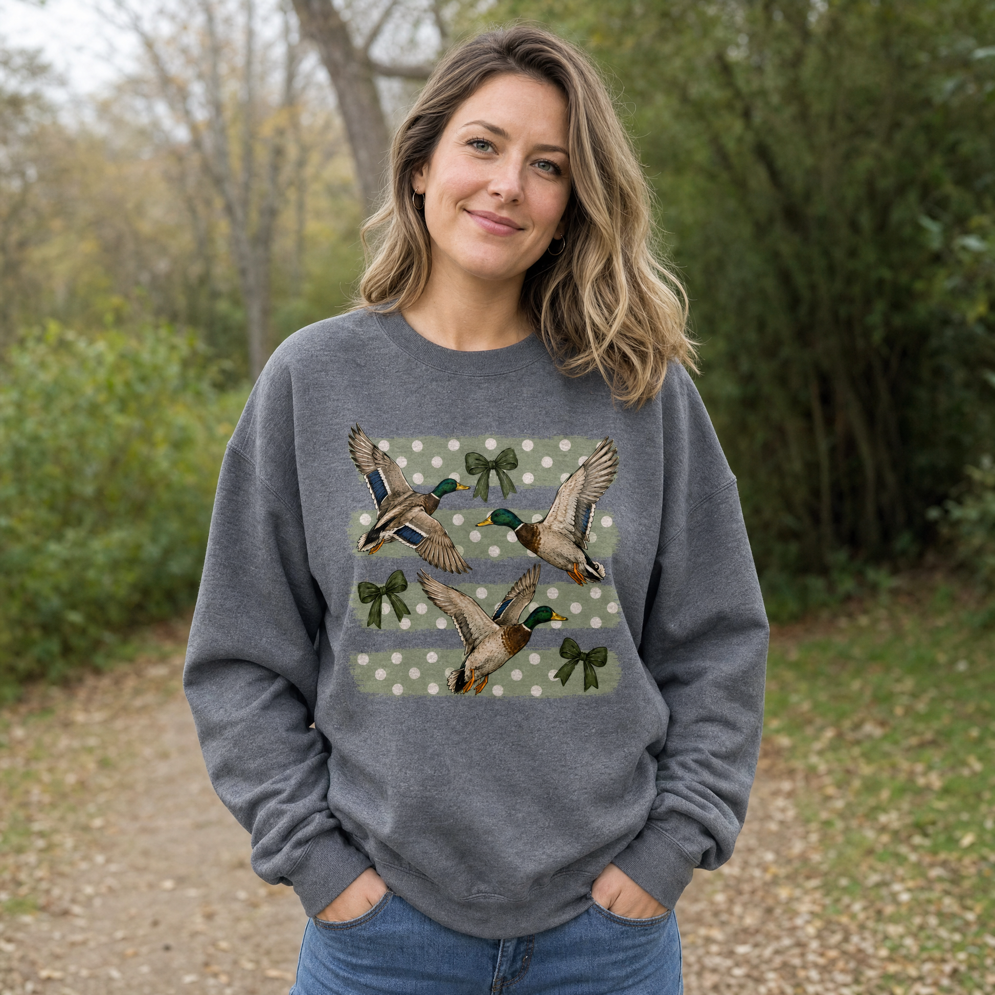 Model wearing the Flying Mallard Ducks sweatshirt in Dark Heather