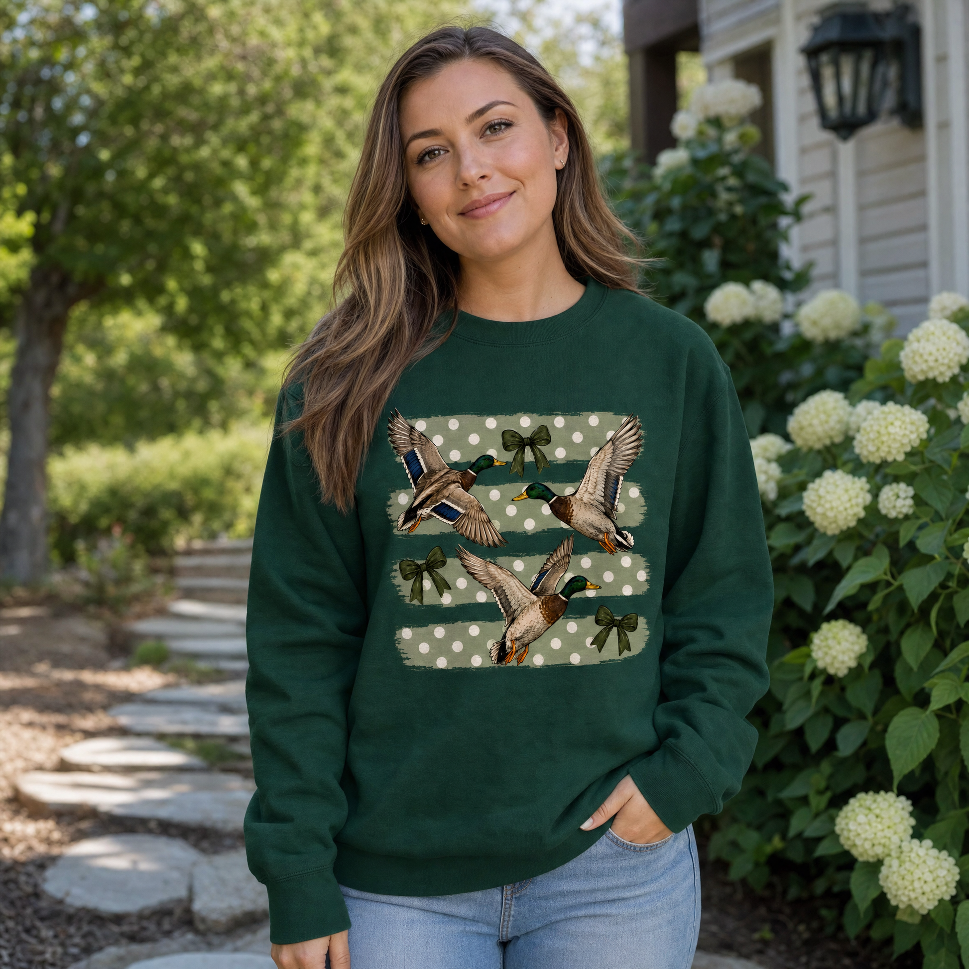 Model wearing the Flying Mallard Ducks sweatshirt in Forest Green