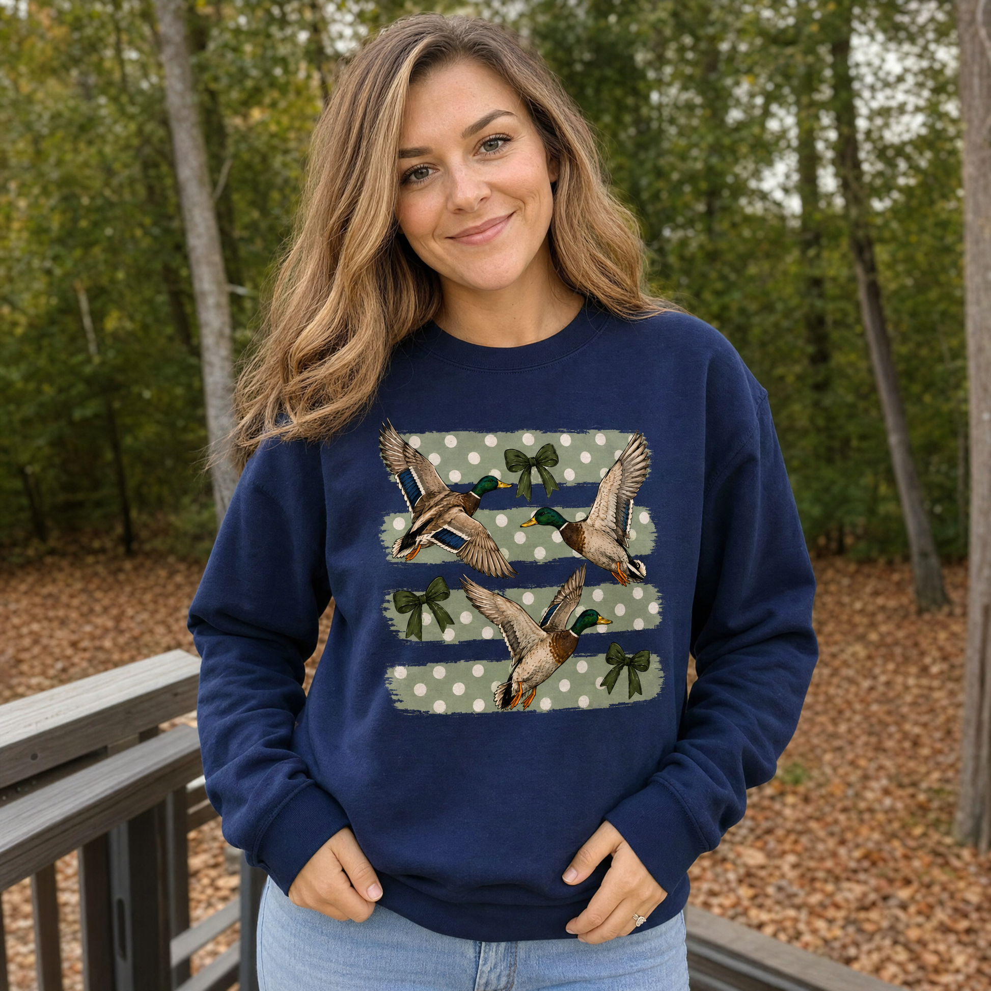 Model wearing the Flying Mallard Ducks sweatshirt in Navy