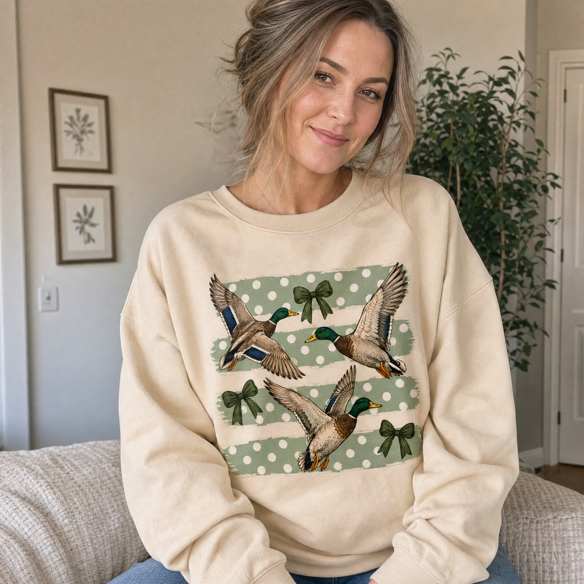 Model wearing the Flying Mallard Ducks sweatshirt in Sand