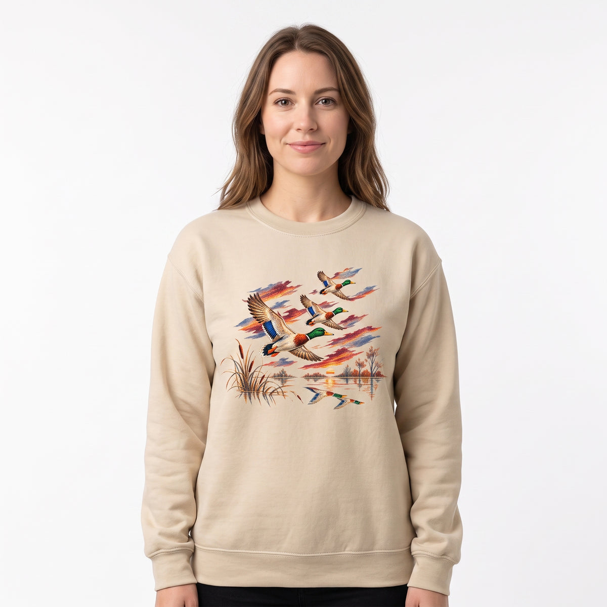 Model wearing the Flying Mallard Ducks sweatshirt in Sand, cover image 1
