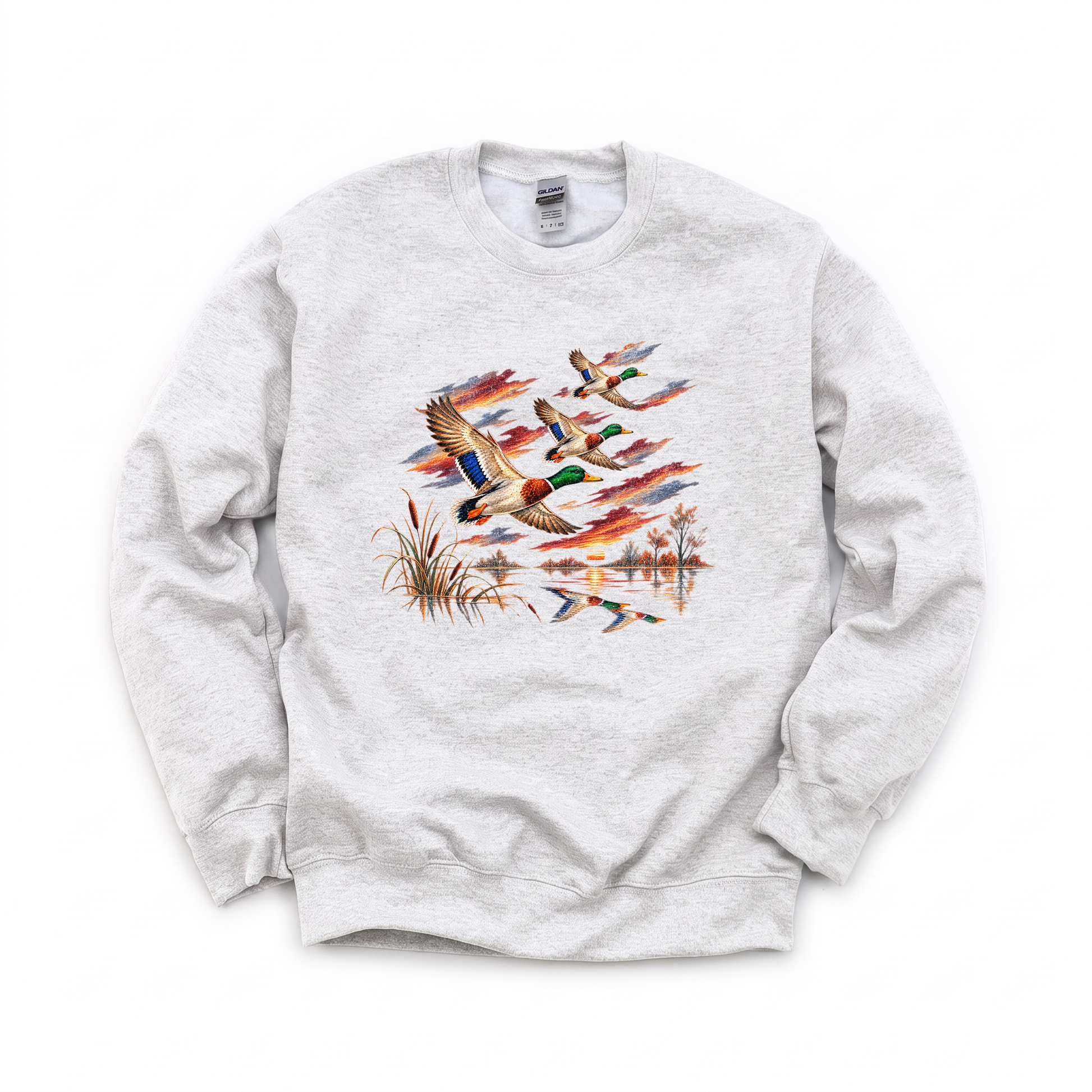 Flying Mallard Ducks graphic on Gildan 18000 in Ash