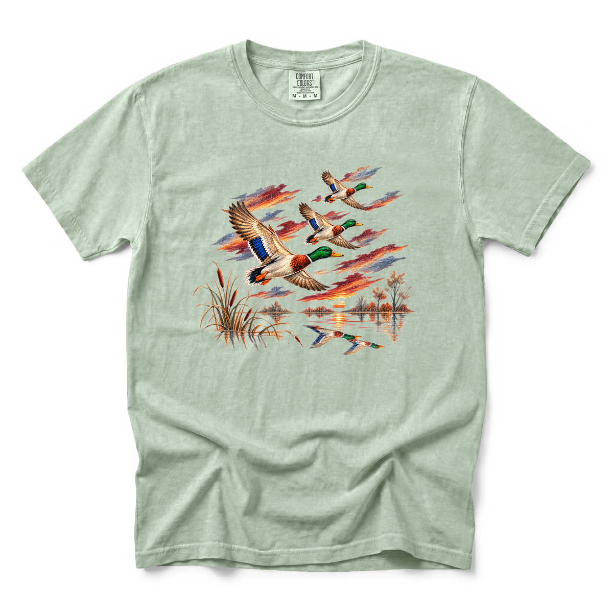 Flying Mallard Ducks graphic on Comfort Colors 1717 in Bay